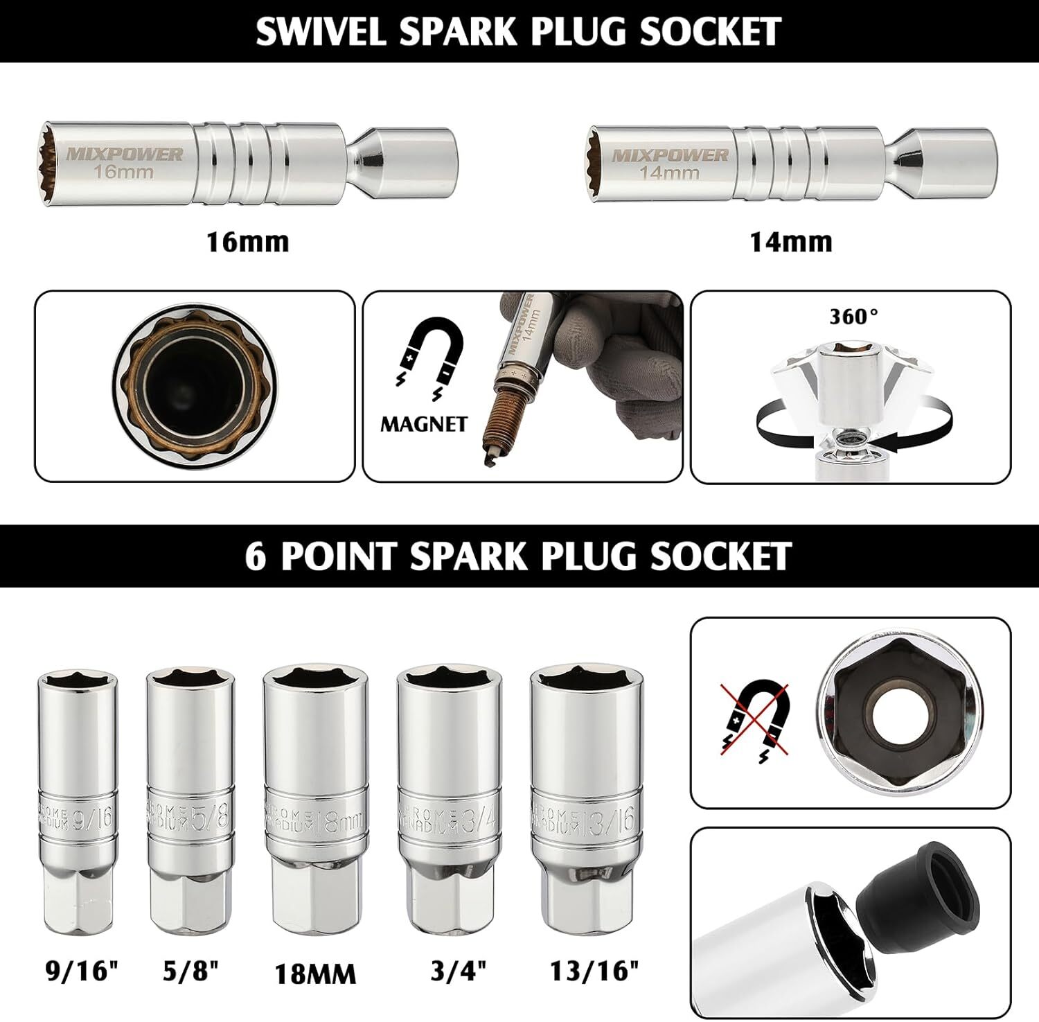 11PCS 3/8″ Drive Magnetic Spark Plug Socket Set with Torque Wrench 6 & 12 Point