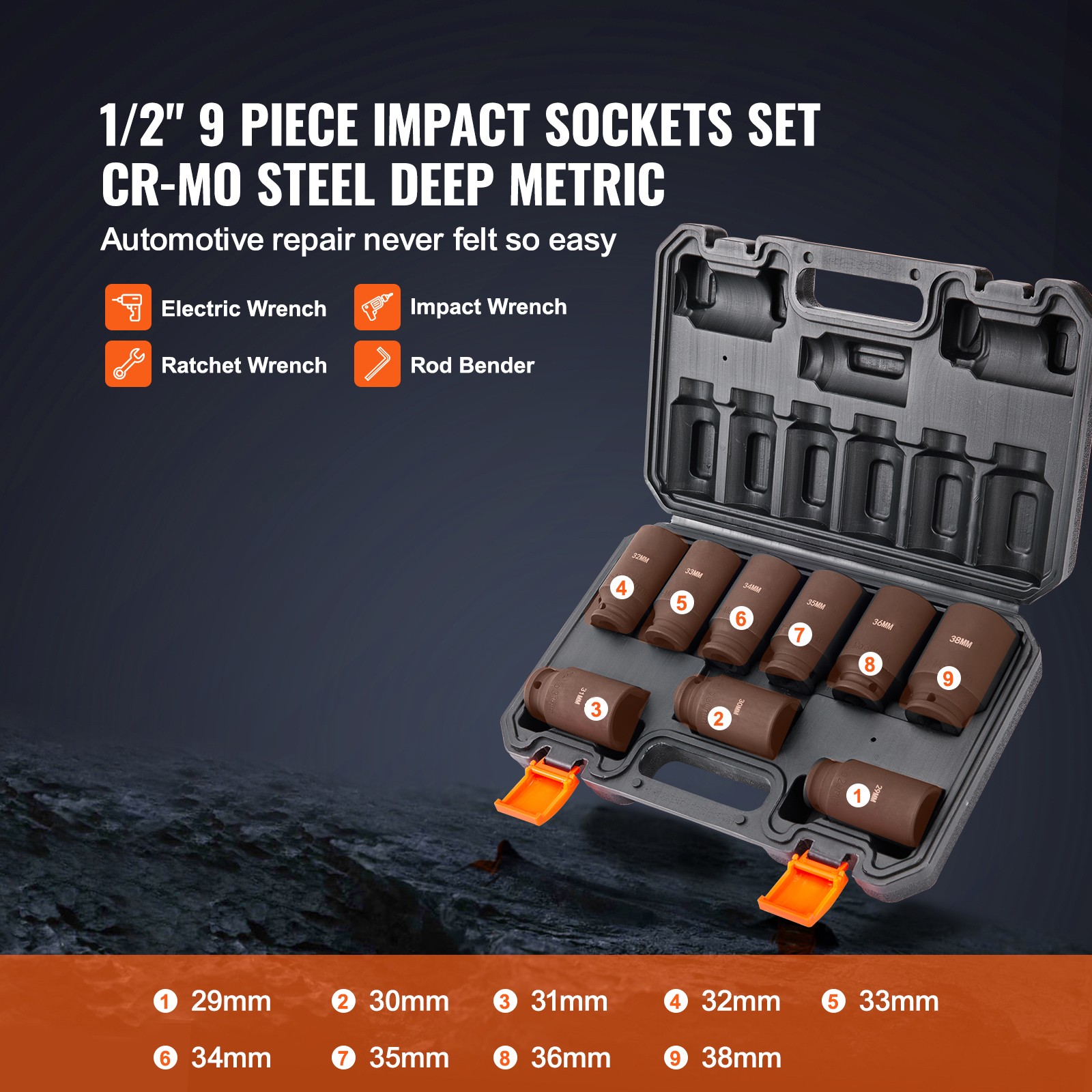 Uimoso Impact Sockets Set 9pcs 6-Point 1/2in Metric Drive Bit Ratchet Tool Kit