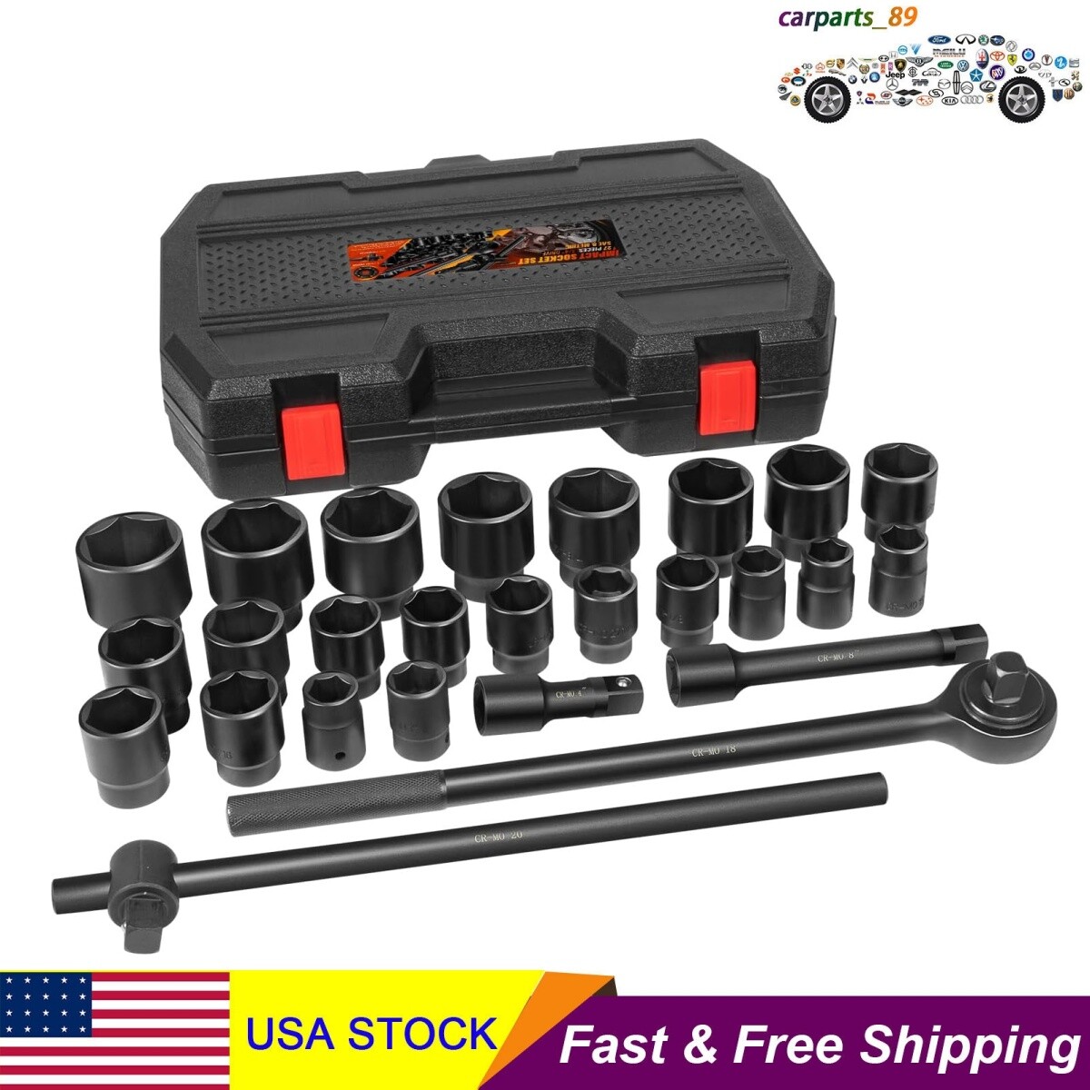 27PCS 02499A 3/4″ Drive Impact Socket Set SAE (7/8″ to 2″) Metric (22-50mm) Size