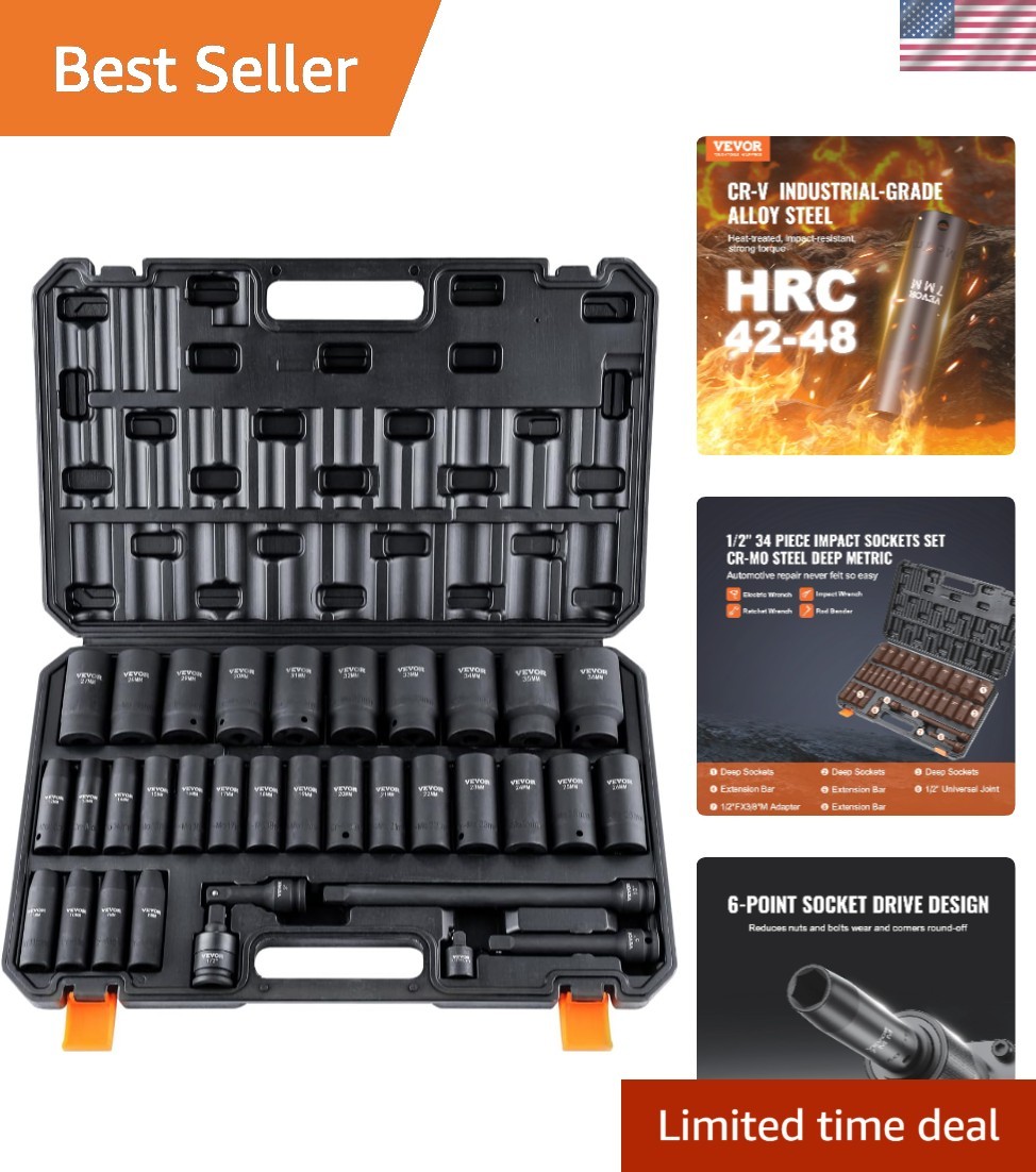 1/2″ Drive Impact Socket Set, 34 Piece Socket Set Metric 8-36mm, 6 Point Cr-M…