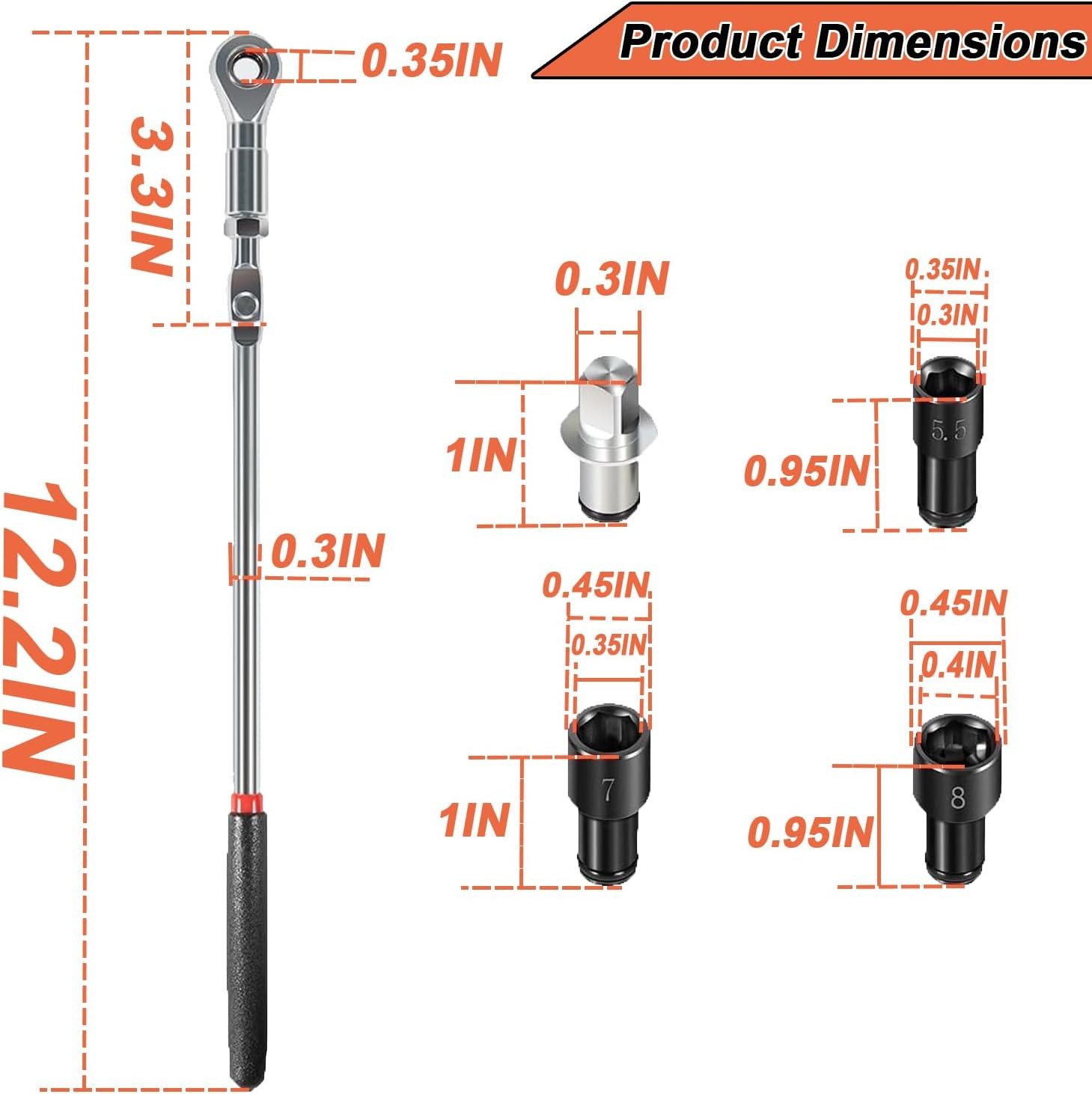 64180 Actuator Motor Wrench Tool Set 5.5mm 7mm 8mm Socket w/1/4″ Drive Adapter