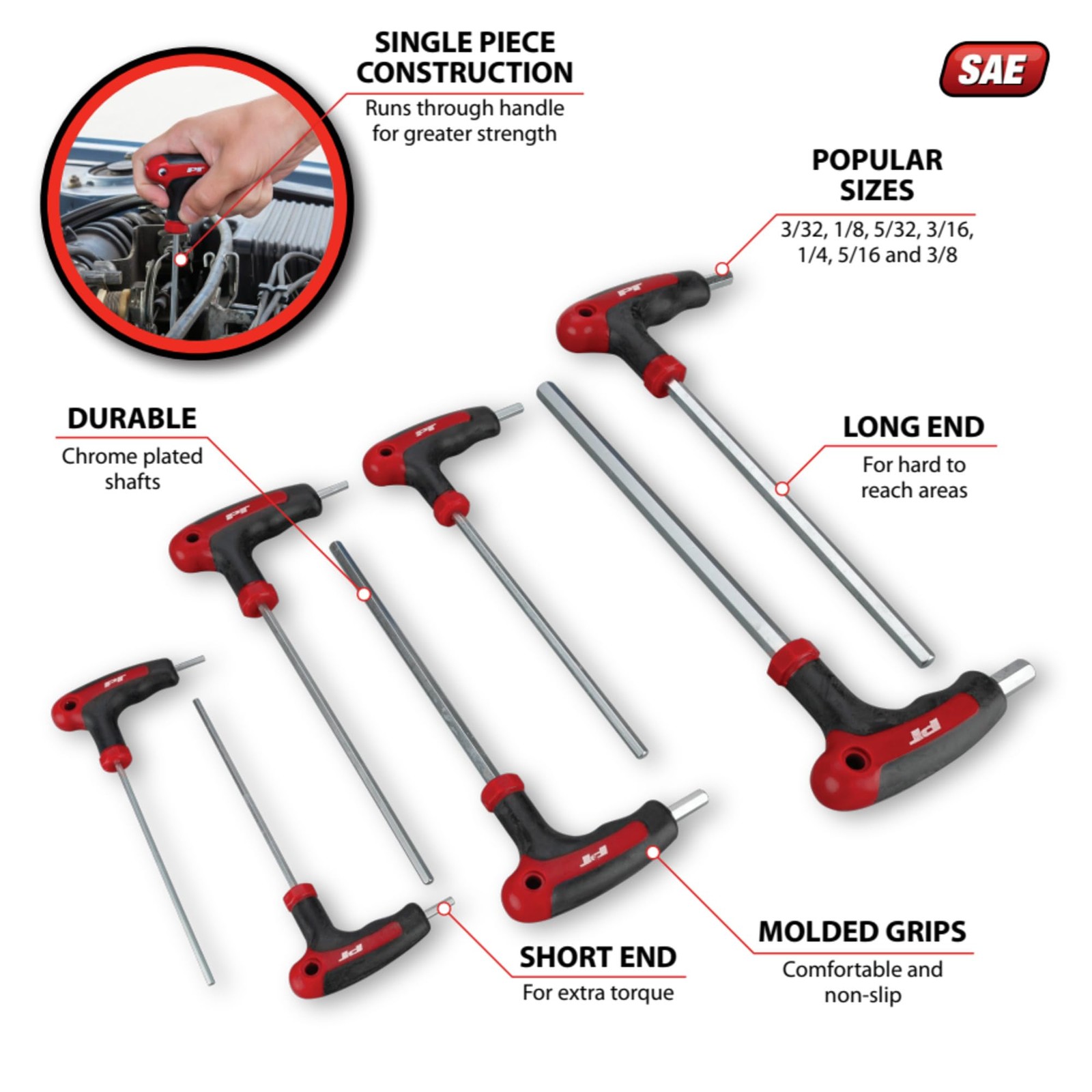 Performance Tool SAE T-Handle Hex Key Set – Alloy Steel, Red/Black, 7-Piece