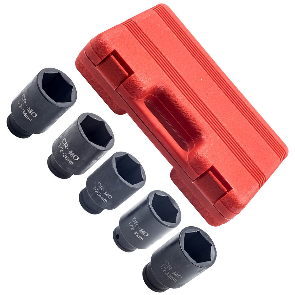 5x 1/2» Drive 6 Point Deep Spindle Axle Nut Socket Set 33, 34,35, 36,38mm