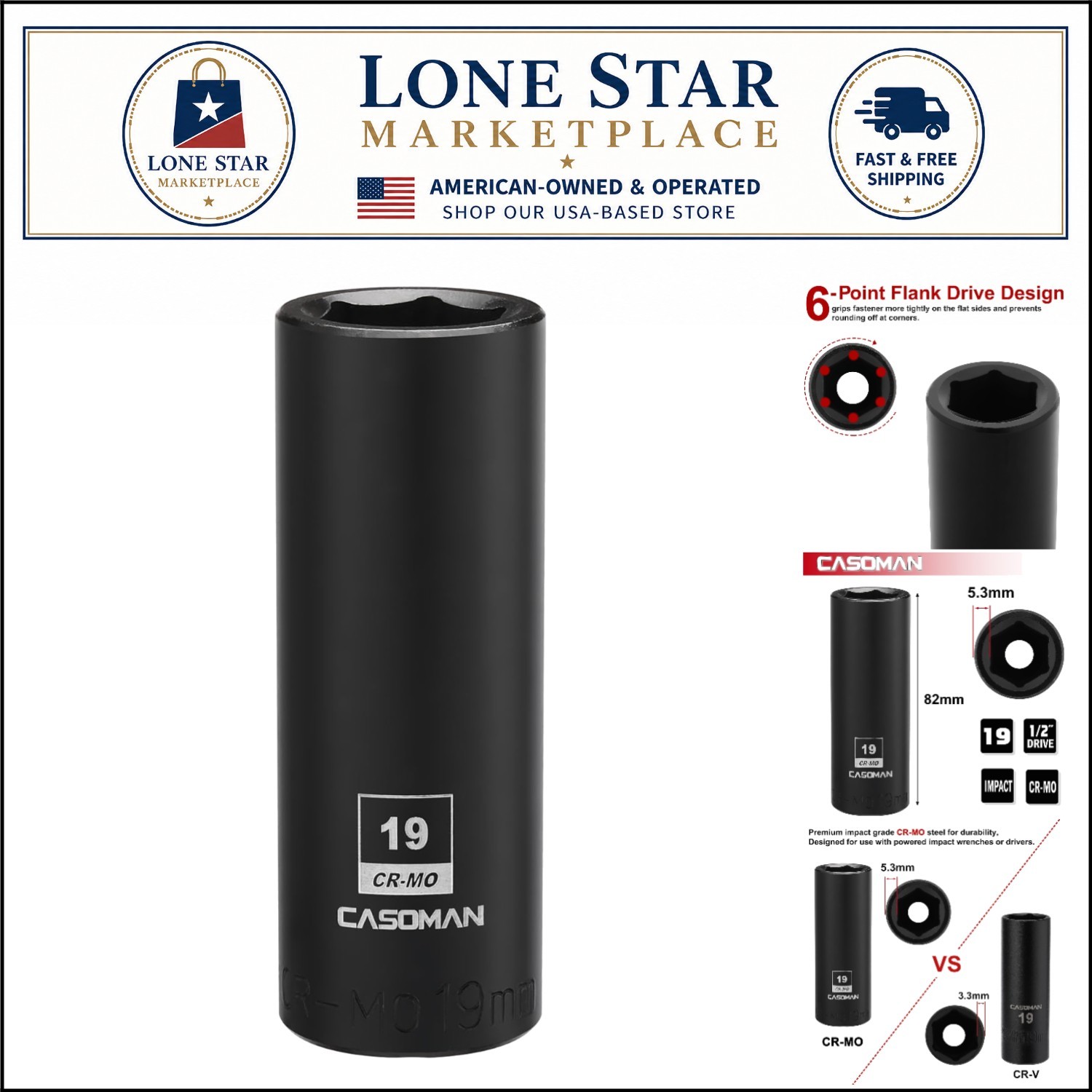 1/2-Inch Drive 19mm Deep Impact Socket – Lightweight CR-MO Steel for Mechanics