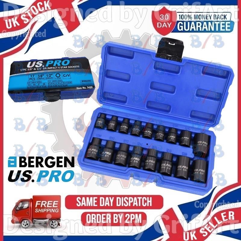 US PRO 17PC FEMALE IMPACT E STAR SOCKET SET TORQUE TORX 1/2″ 3/8″ DRIVE E5 – E24
