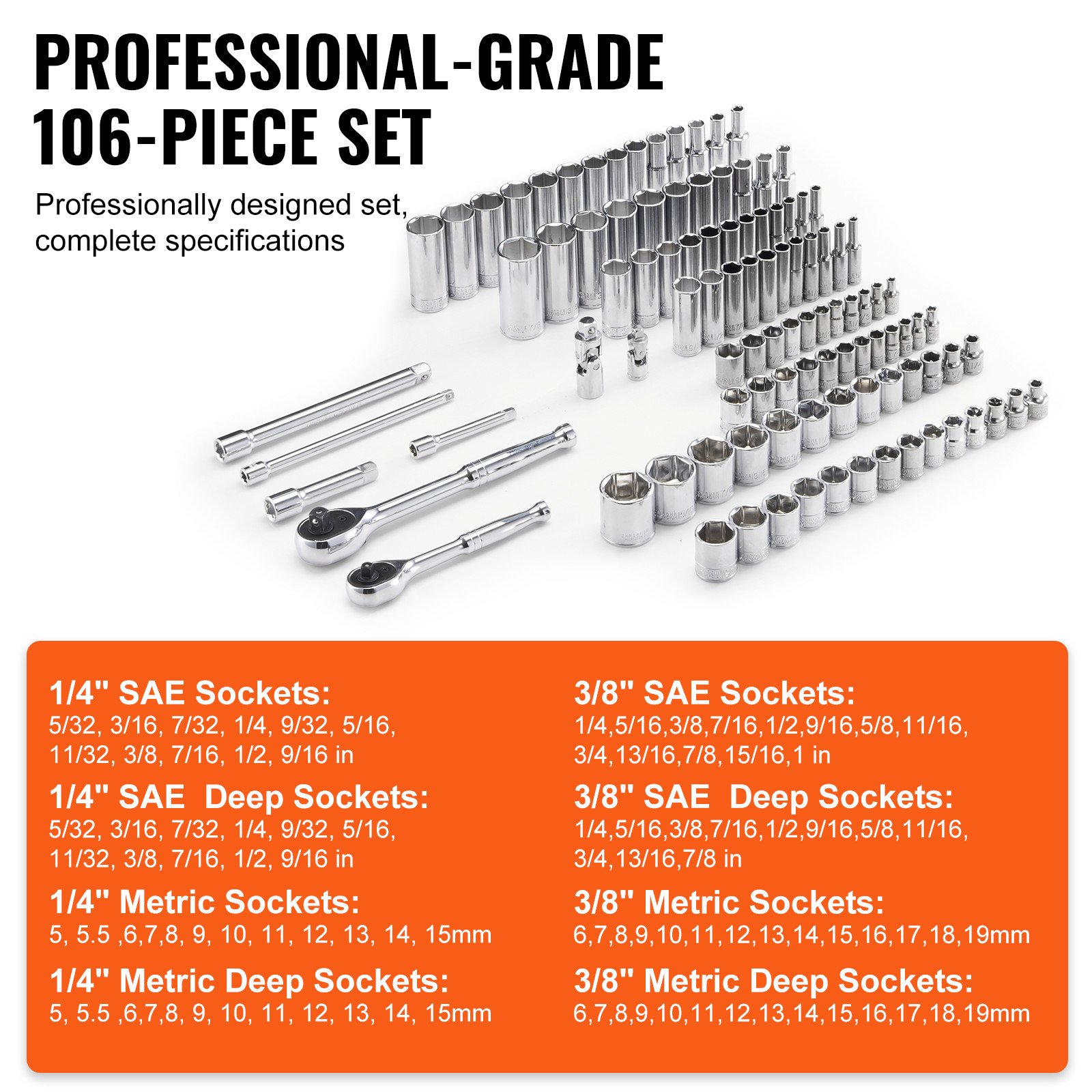 VEVOR 106 Pcs Socket Set 1/4in 3/8in Drive Socket and Ratchet Set 6-Point Tool