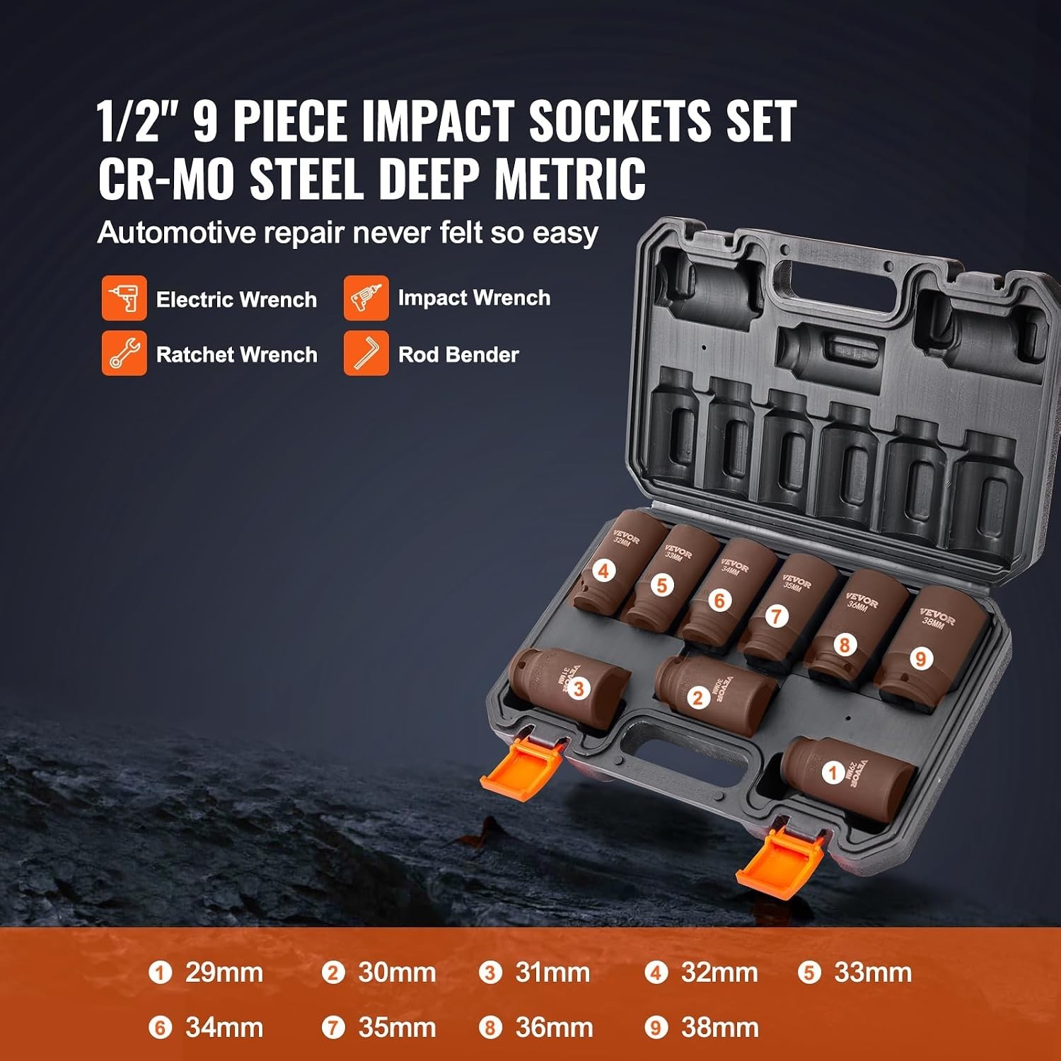 Impact Socket Set 1/2 Inch Drive Metric 29-38mm Durable Chrome Molybdenum