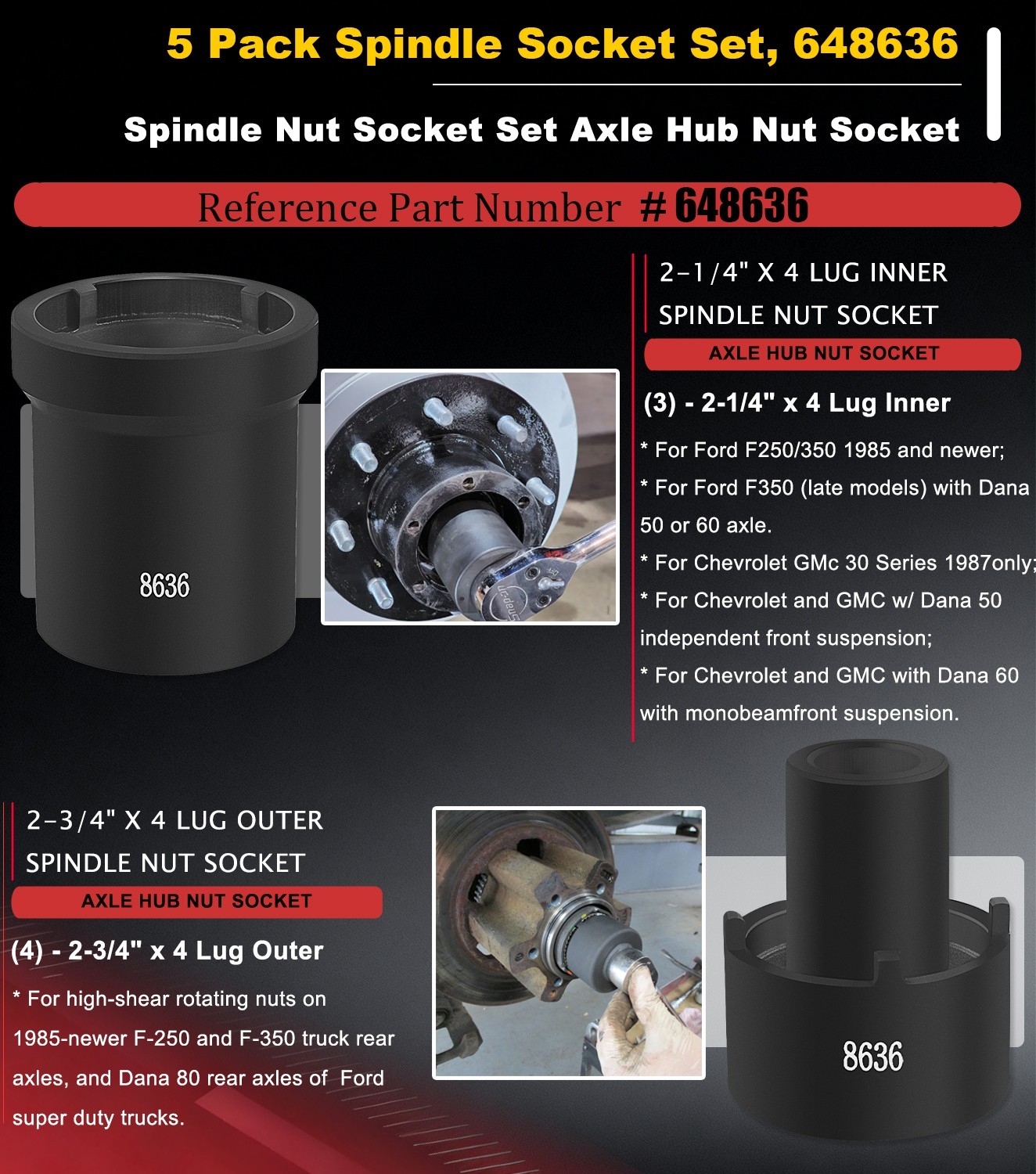 5pcs Spindle Nut Sockets Kit Axle Hub Nut Socket For Ford Dana 50/60, 1/2″ Drive