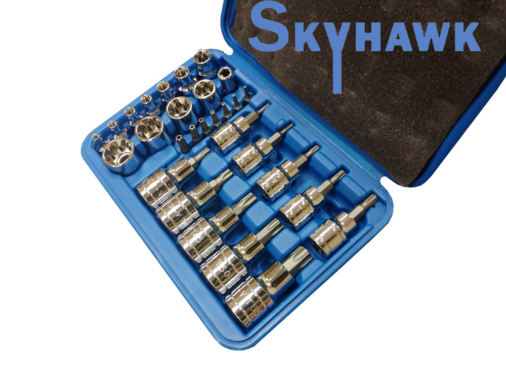29-PC 1/4″ 3/8″ 1/2″ DR TORX female male Socket Bit Set tamper proof bits w/case