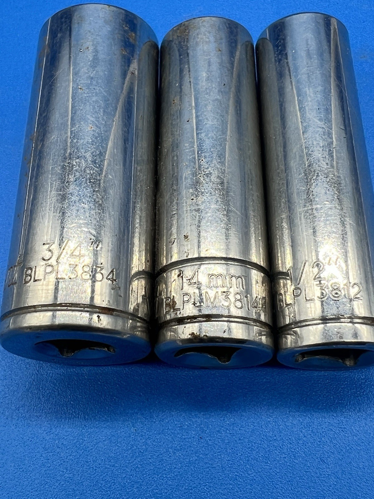 BLUE-POINT BY SNAP-ON – Lot Of 3 Deep Sockets,3/8″ Drive,12pt, 3/4, 14mm, 1/2