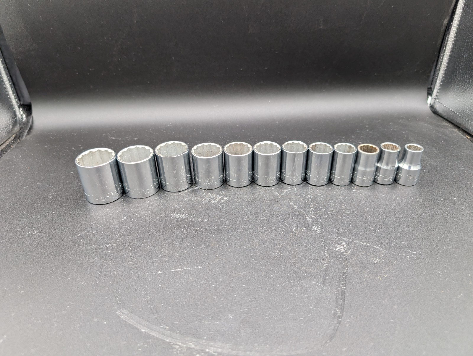 Craftsman Vintage 12pc Socket Set 1/2″ Dr 12 Pt Shallow 7/16″ to 1 1/8” G, V USA