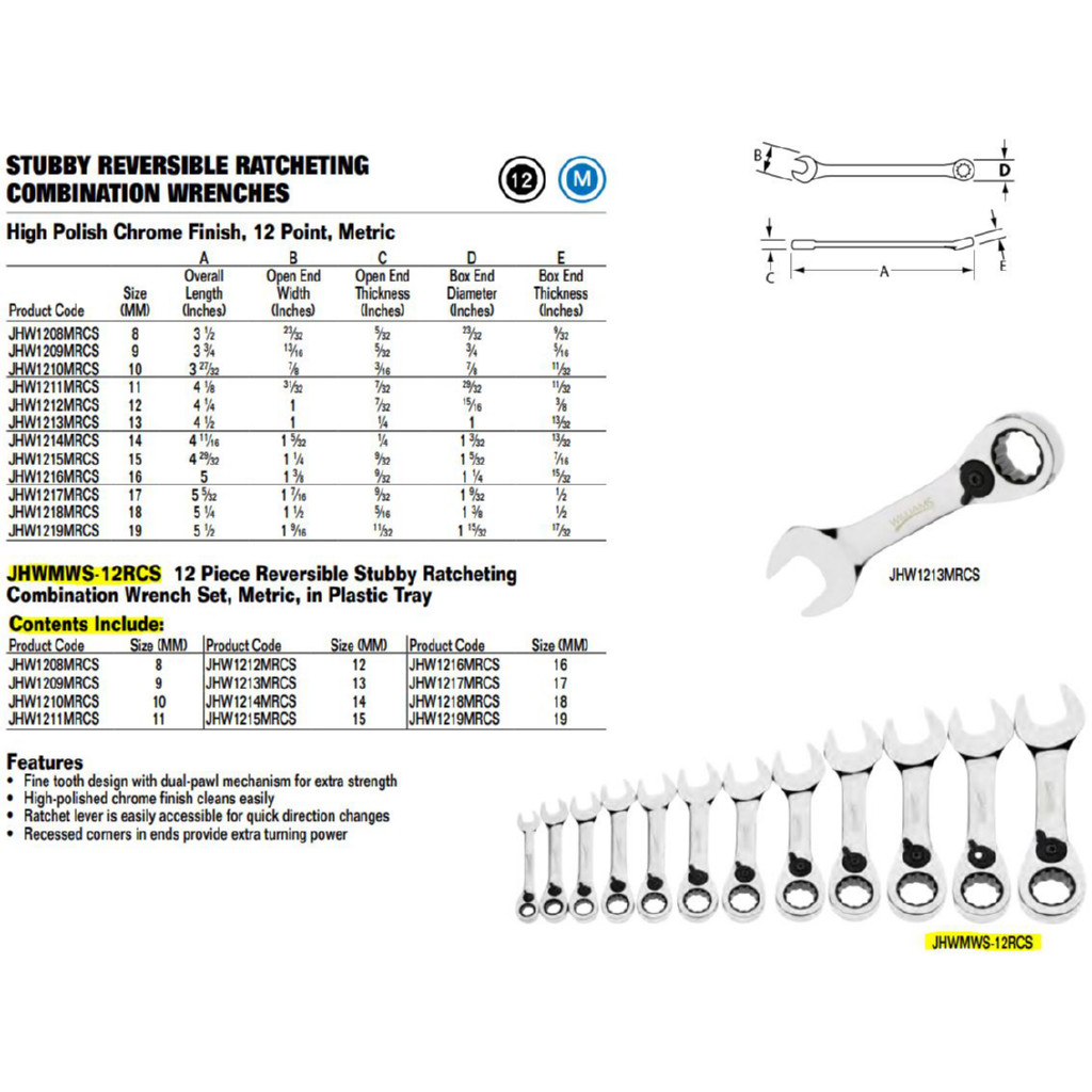 12 Piece Metric Stubby Reversible Ratcheting Combination Wrench,12 Pt, Williams