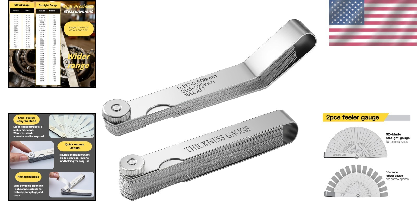 Feeler Gauge Set 2pcs Stainless Steel 32 Straight 16 Offset Blades SAE Metric