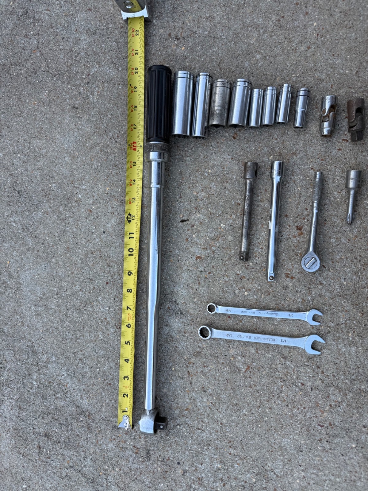 Blackhawk wrenches, ratchets, extensions and sockets 17 pieces total
