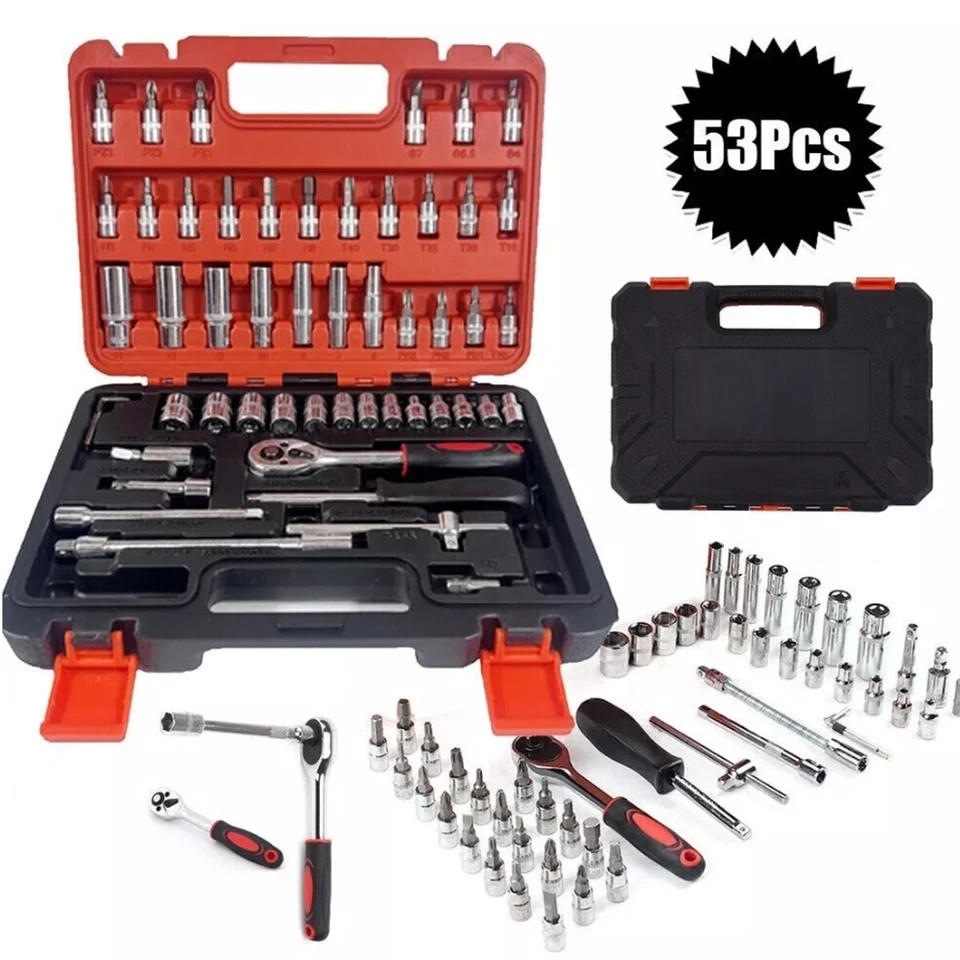53Pc SAE & Metric Mechanics Tool Set Ratchet Socket Kit 1/4″ & 3/8″ Drive