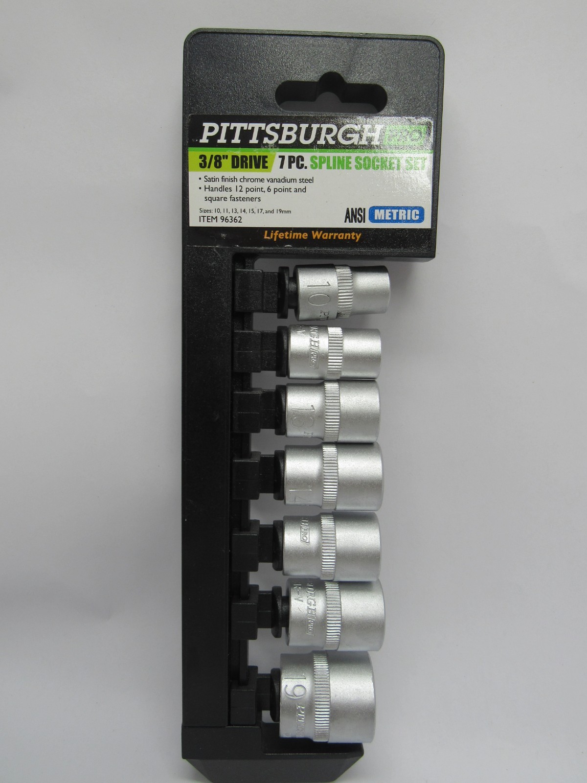 Pittsburgh Pro 3/8″ drive. 7pc spline socket Set 12 point 6 point & square faste