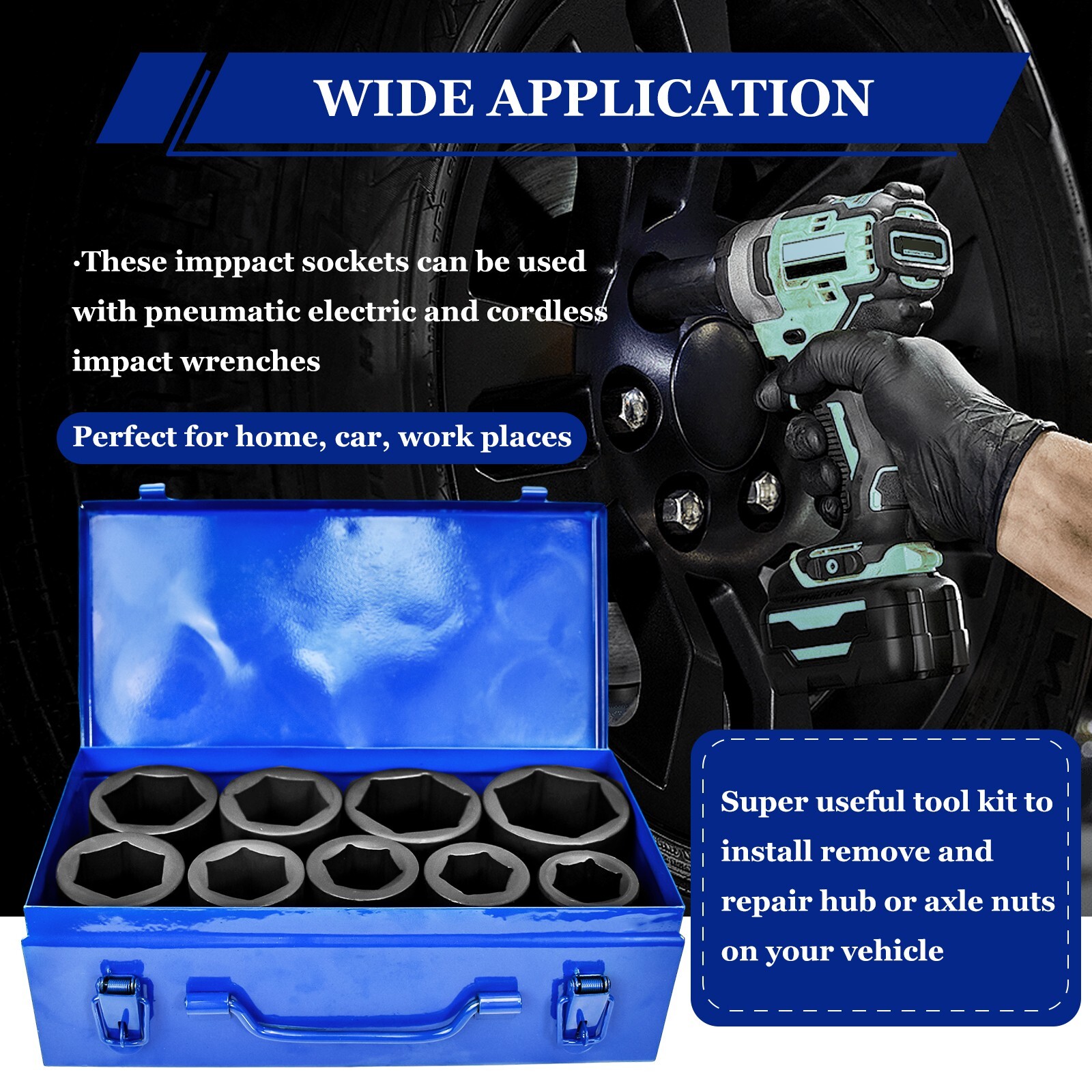 Impact Socket Set: Drive Size 1″, 9 Pieces, 26/27mm,29/32/35/38/41/46/50mm JumBo