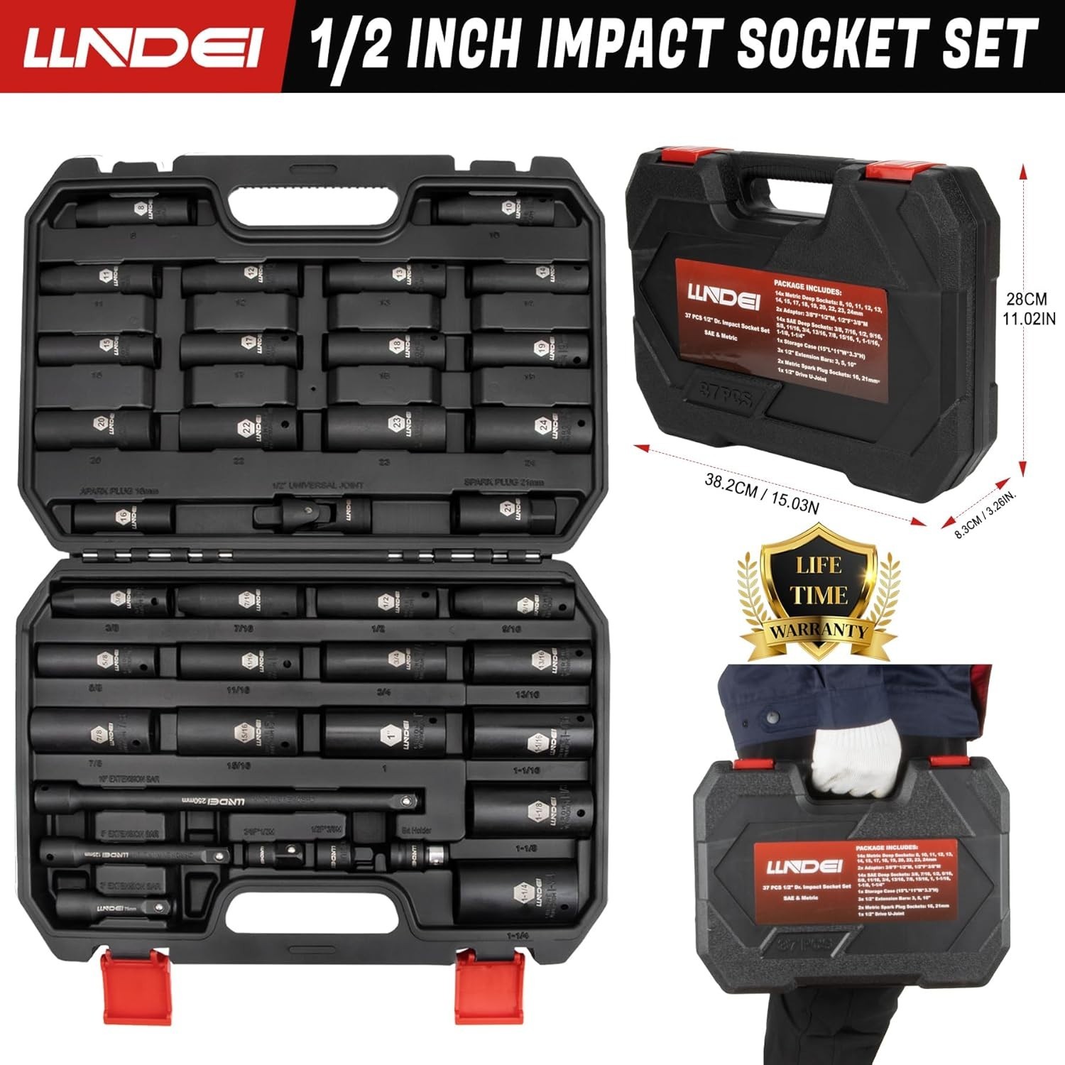 Versatile 1/2 Inch Deep Impact Socket Set, 37-Piece with 6-Point Design
