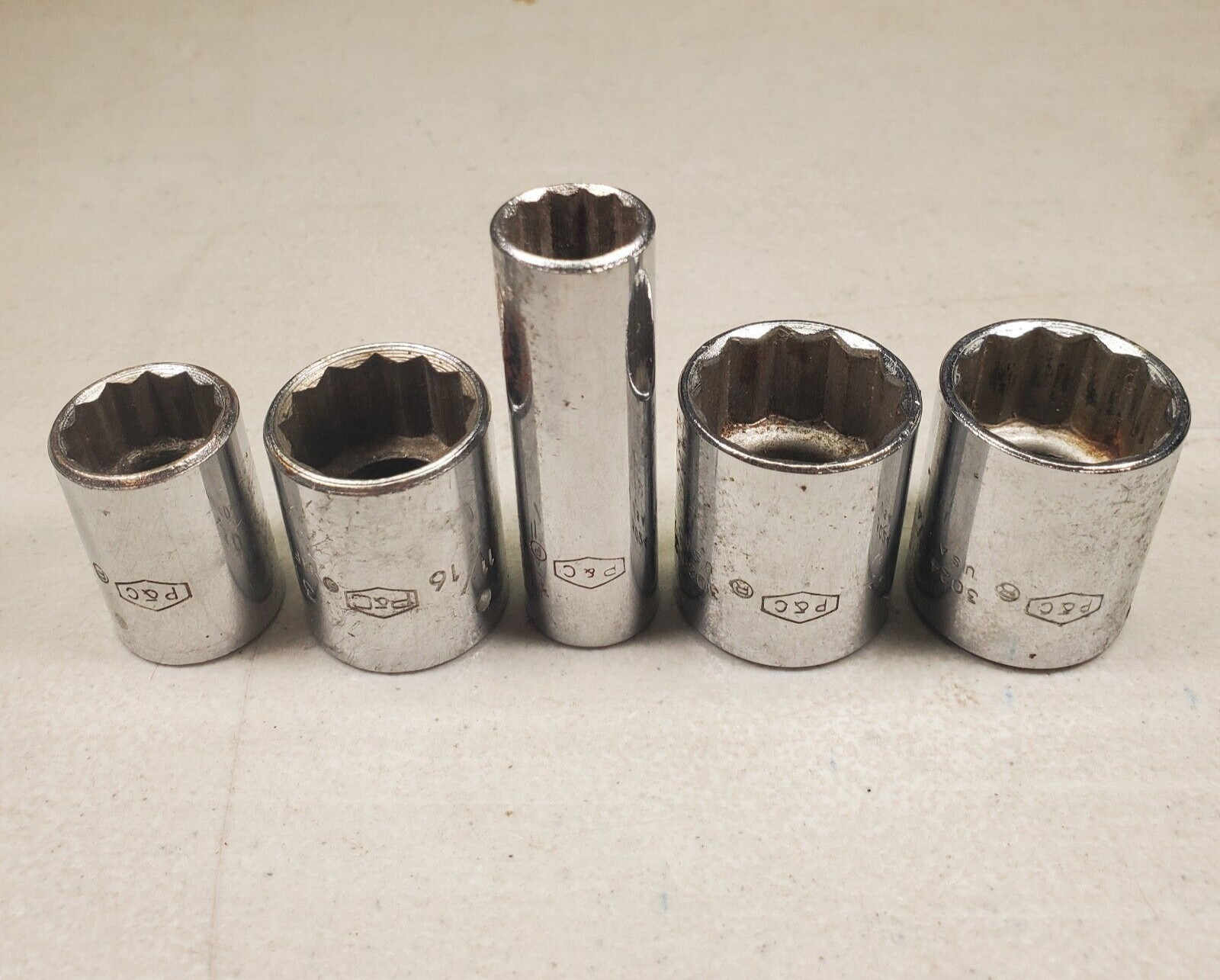P&C 3/8” Drive 12Pt. Lot of (5) Sockets 7/16, 9/16, 11/16, 3/4 x2, U.S.A. VTG