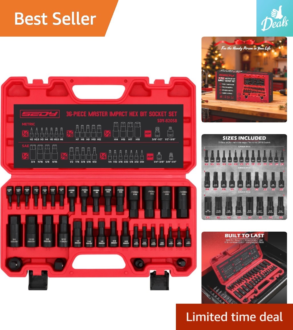 Complete 36-Piece Socket Set with Allen Adapters – SAE/Metric, Heavy-Duty Design