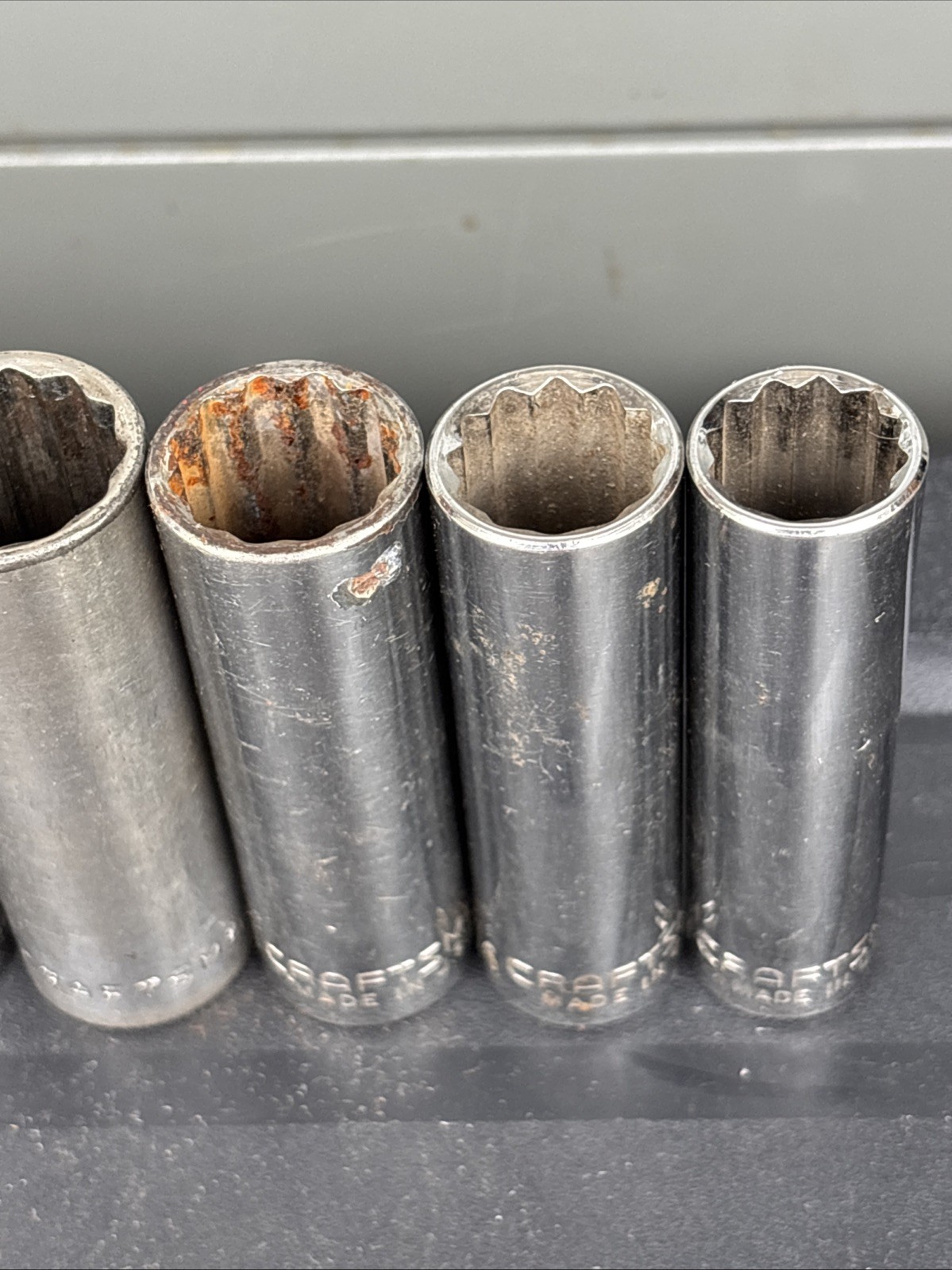Craftsman Mixed Lot of (8) 12-point SAE deep sockets with a 1/2-inch drive.