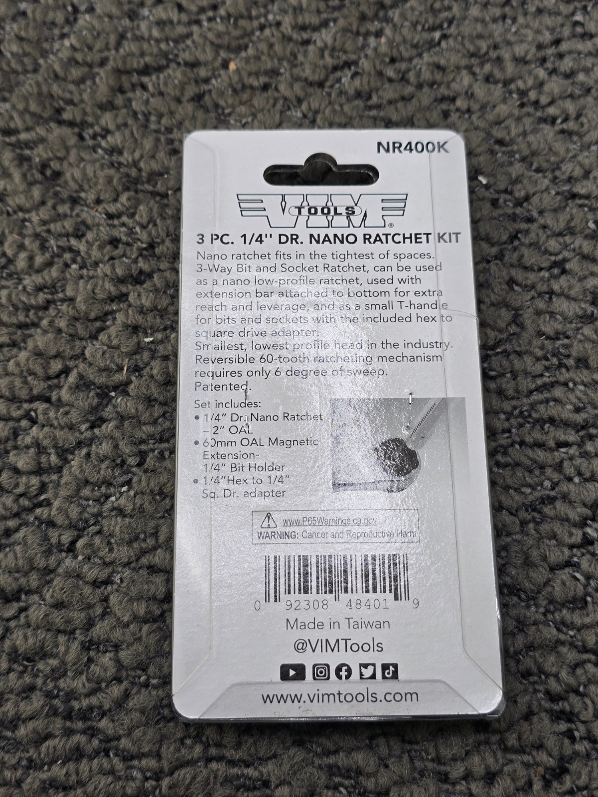 VIM Tools NR400K 3-Piece 1/4″ Dr Hex Stubby Nano Ratchet w/ Extension Assembly