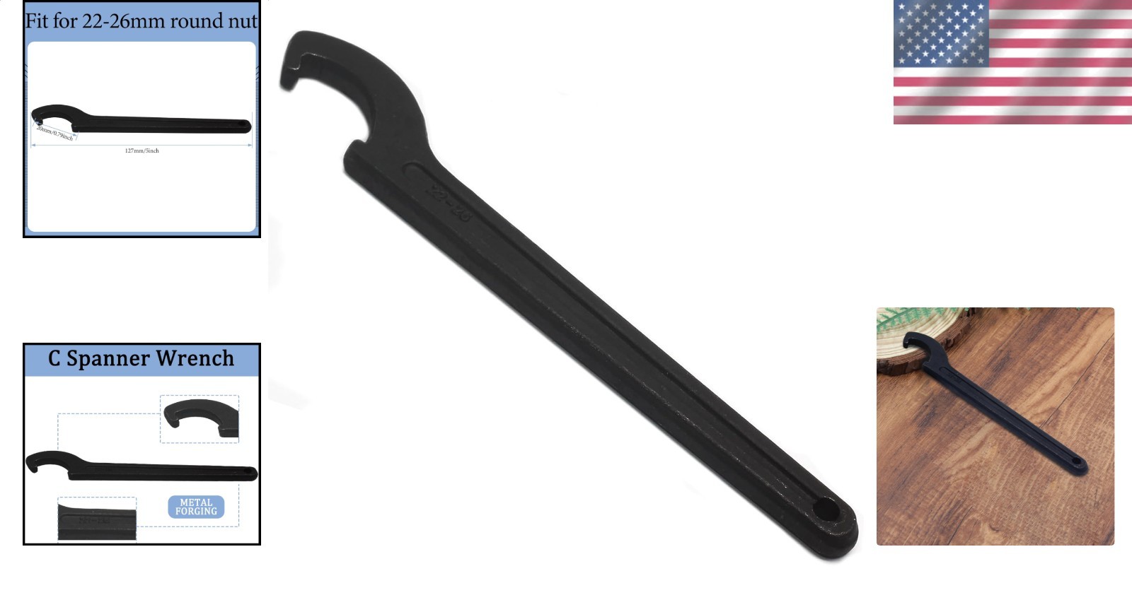 Durable C Hook Spanner Black 22-26mm Carbon Steel Round Nut Collet Chuck Tool