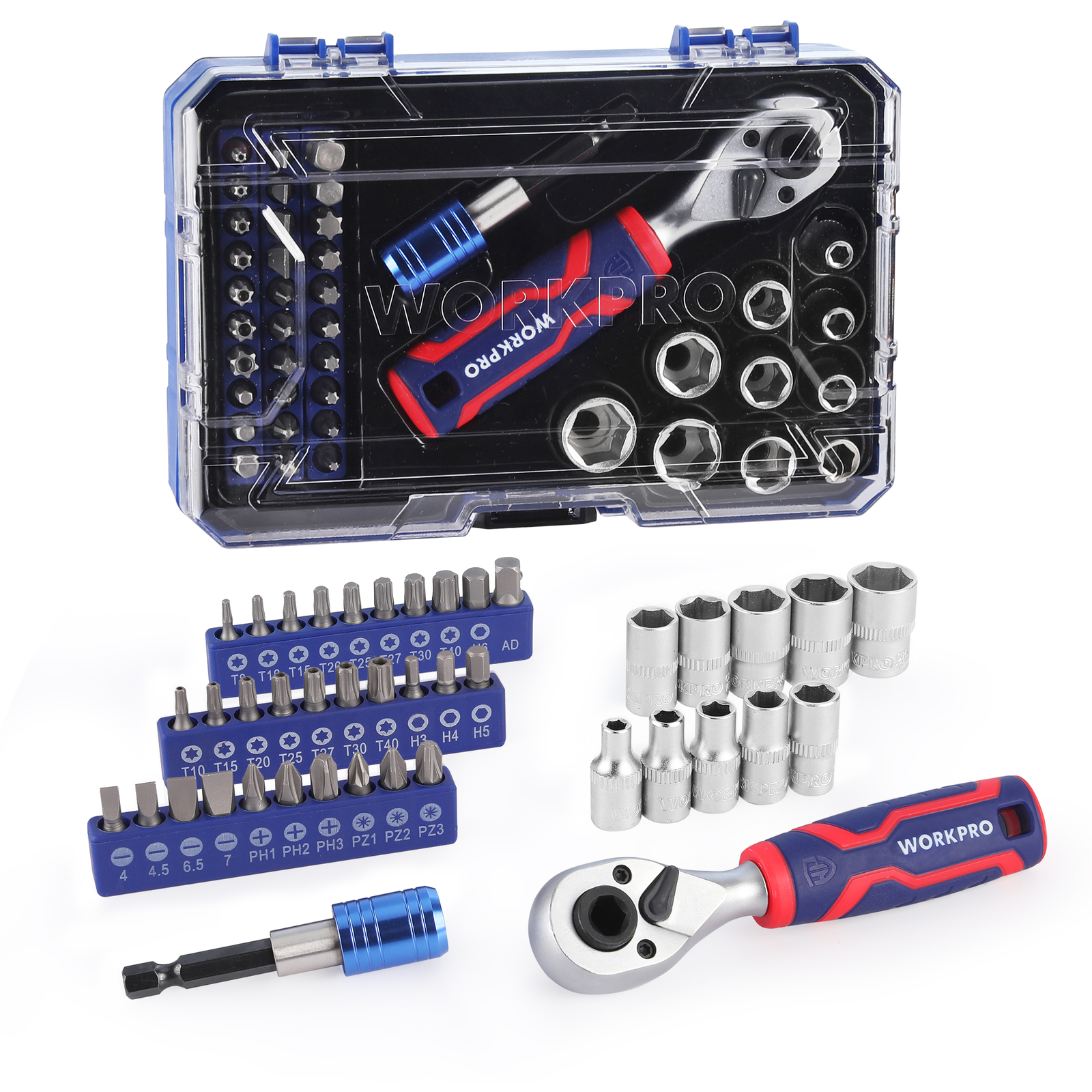 WORKPRO 4PIECES1/4″Dr. Master Socket Set Metric w/ual Head Ratchet Qucik-Release