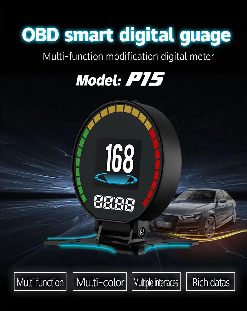 P15 Car OBD Head-Up Display Smart Digital Speedometer Water Temp Gauge Overspeed
