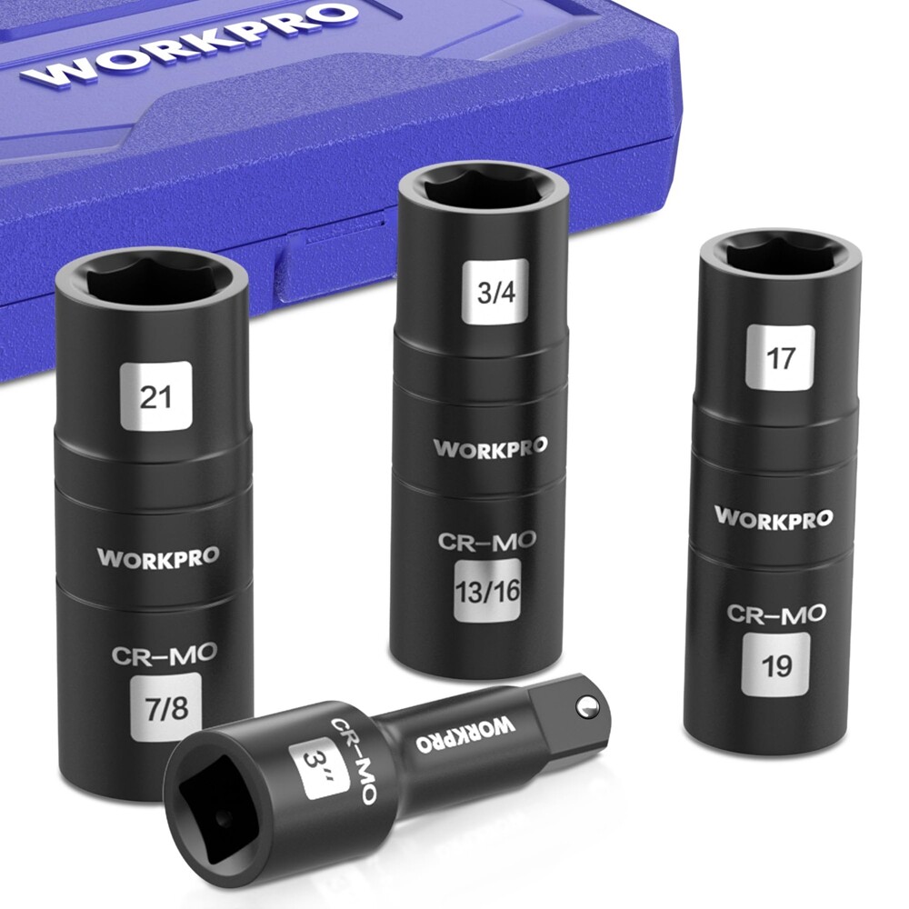 WORKPRO 4PC 1/2″ Dr Impact Socket Set Lug Nut Wheel 3″ Extension Bar Flip Socket