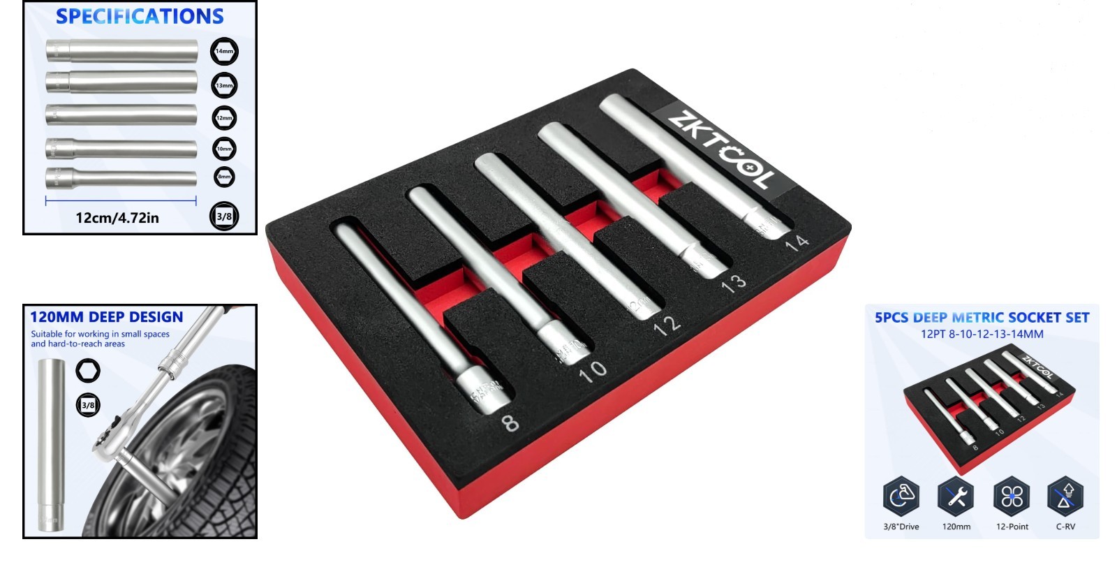 5PC Deep Metric Socket Set 3/8-Inch Drive Alloy Steel 8-14mm Extra Long 120mm