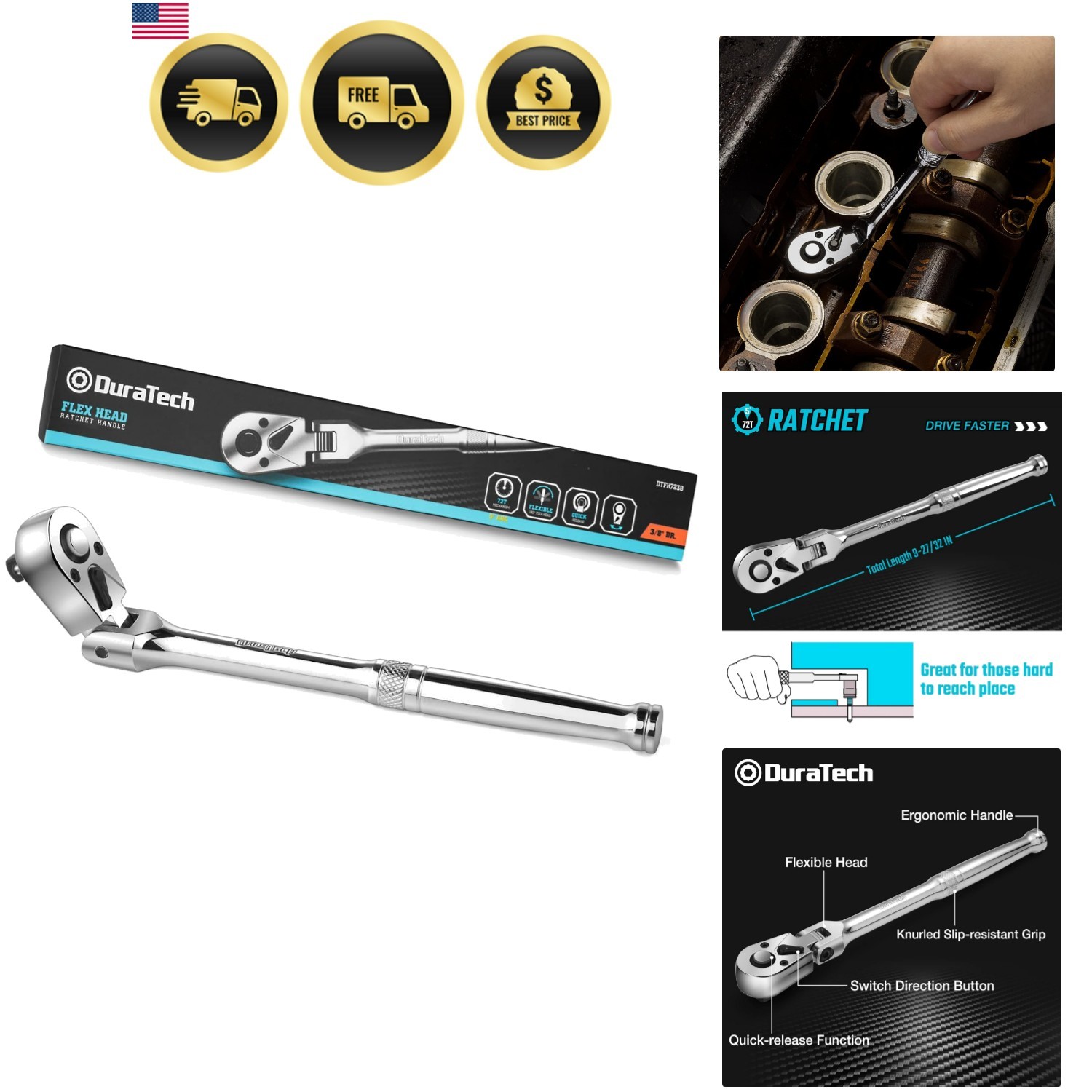 3/8″ Drive Flex-Head Ratchet, 72-Tooth Ratchet Wrench, Quick-release, Reversi…