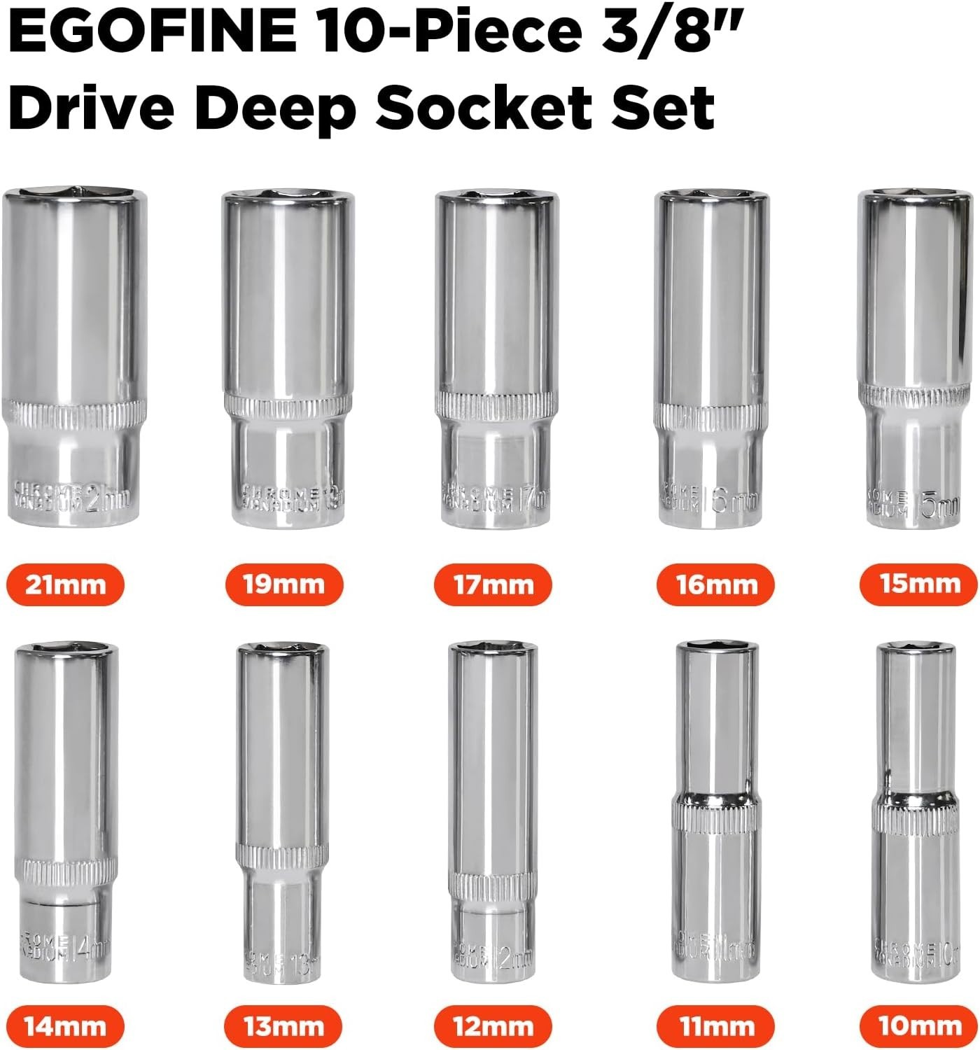 10PCS 3/8” Drive Deep Socket Set,Metric Socket Set（10-21mm,6 Point Socket Set…