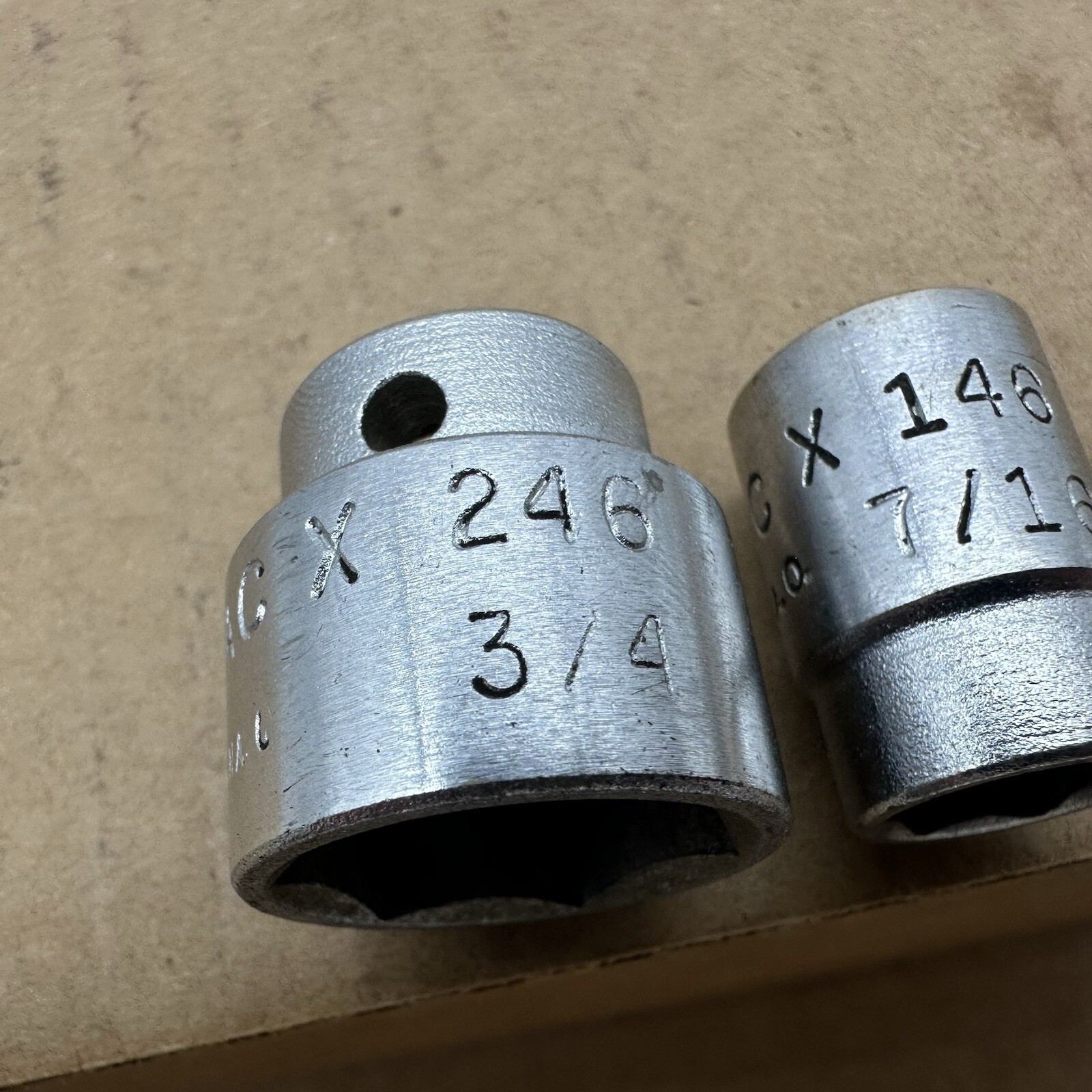 Lot 2 Vintage MAC 3/8″ Drive 6 Point Shallow Sockets USA X246 3/4 X146 7/16” VGC