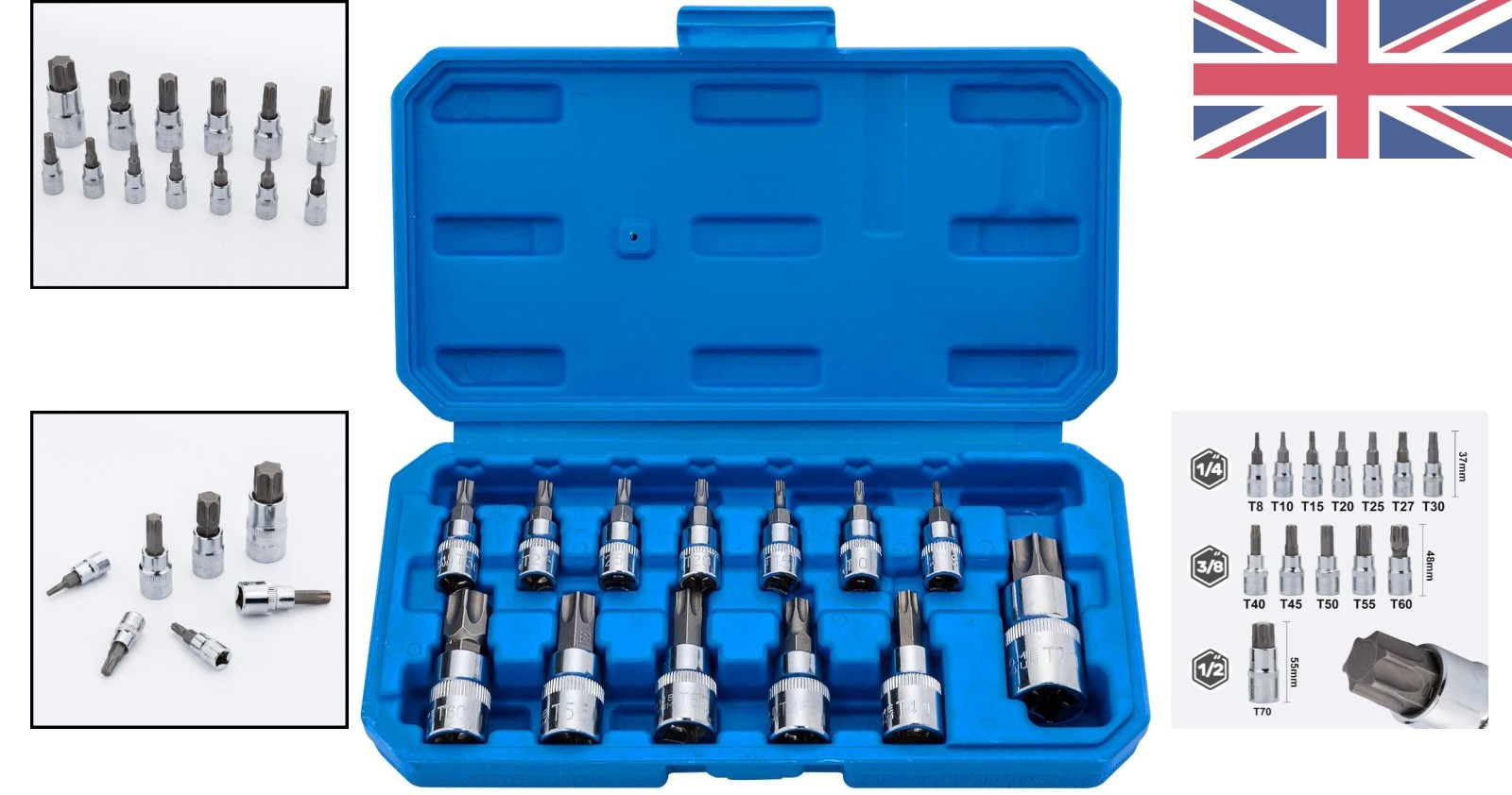 Torx Bit Socket Set 13pcs | Precision T8-T70 S2 Alloy & Cr-V Steel | 3/8″ Drive