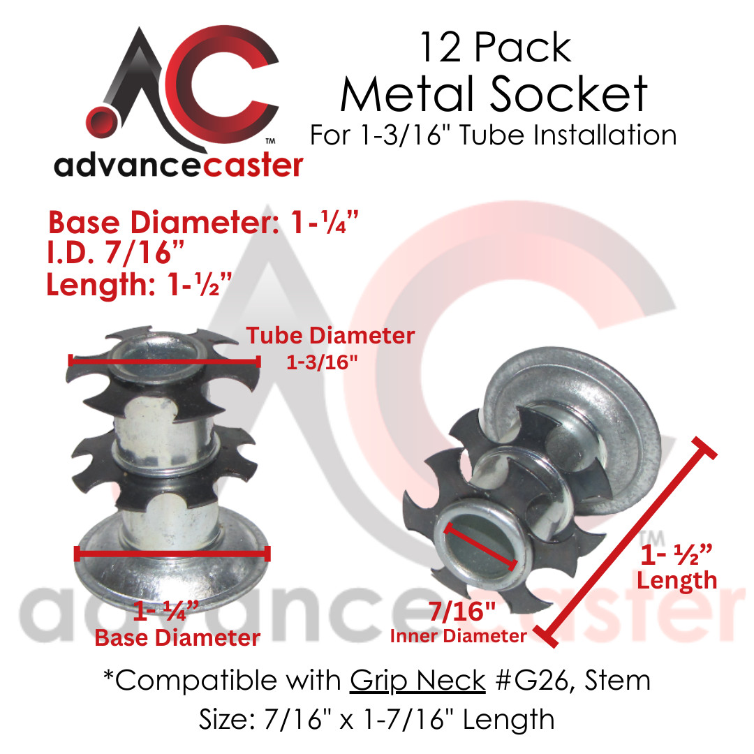 (12pk) Metal Socket for Hollow Tubing: 1-3/16″, Grip Ring Caster Stem Size 7/16″