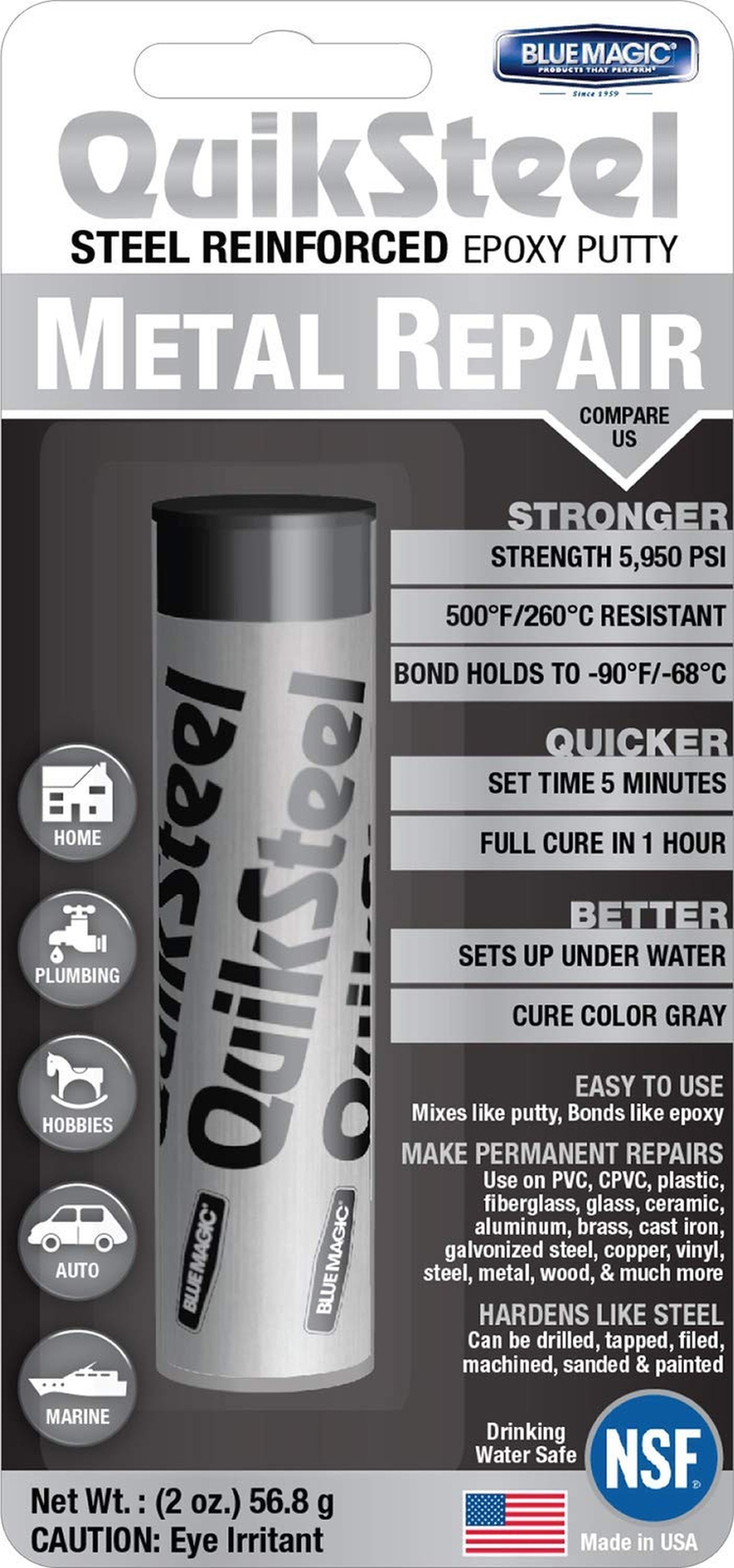 Blue Magic 16002TRI QuikSteel Steel Reinforced Epoxy Putty Repair, Blister Pa…
