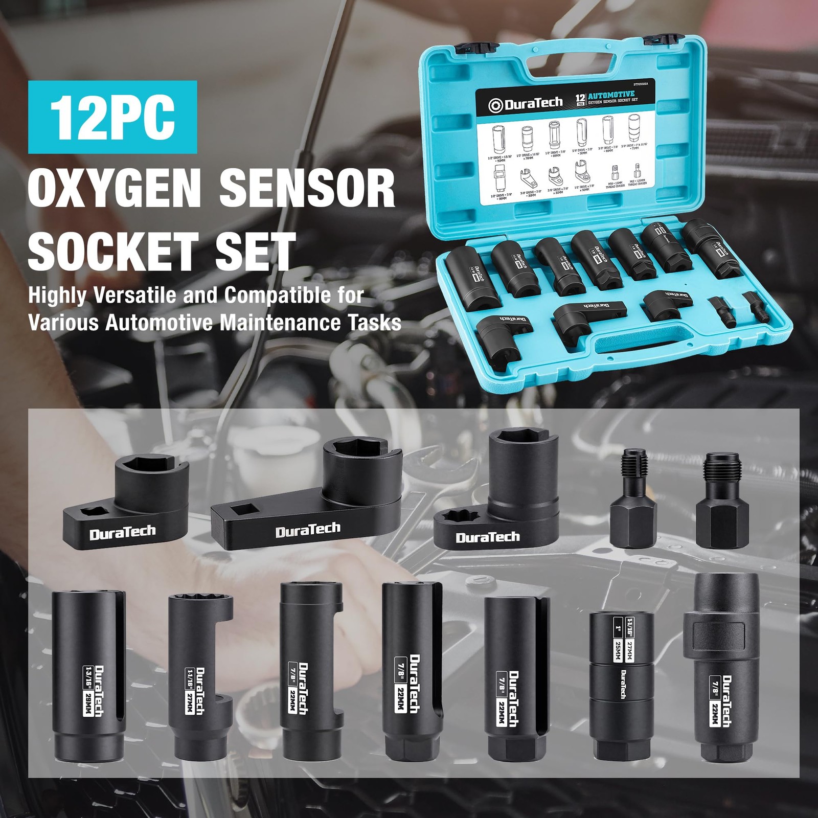 O2 Sensor Socket Set Removal Tool Kit 12 Piece Alloy Steel Thread Chaser