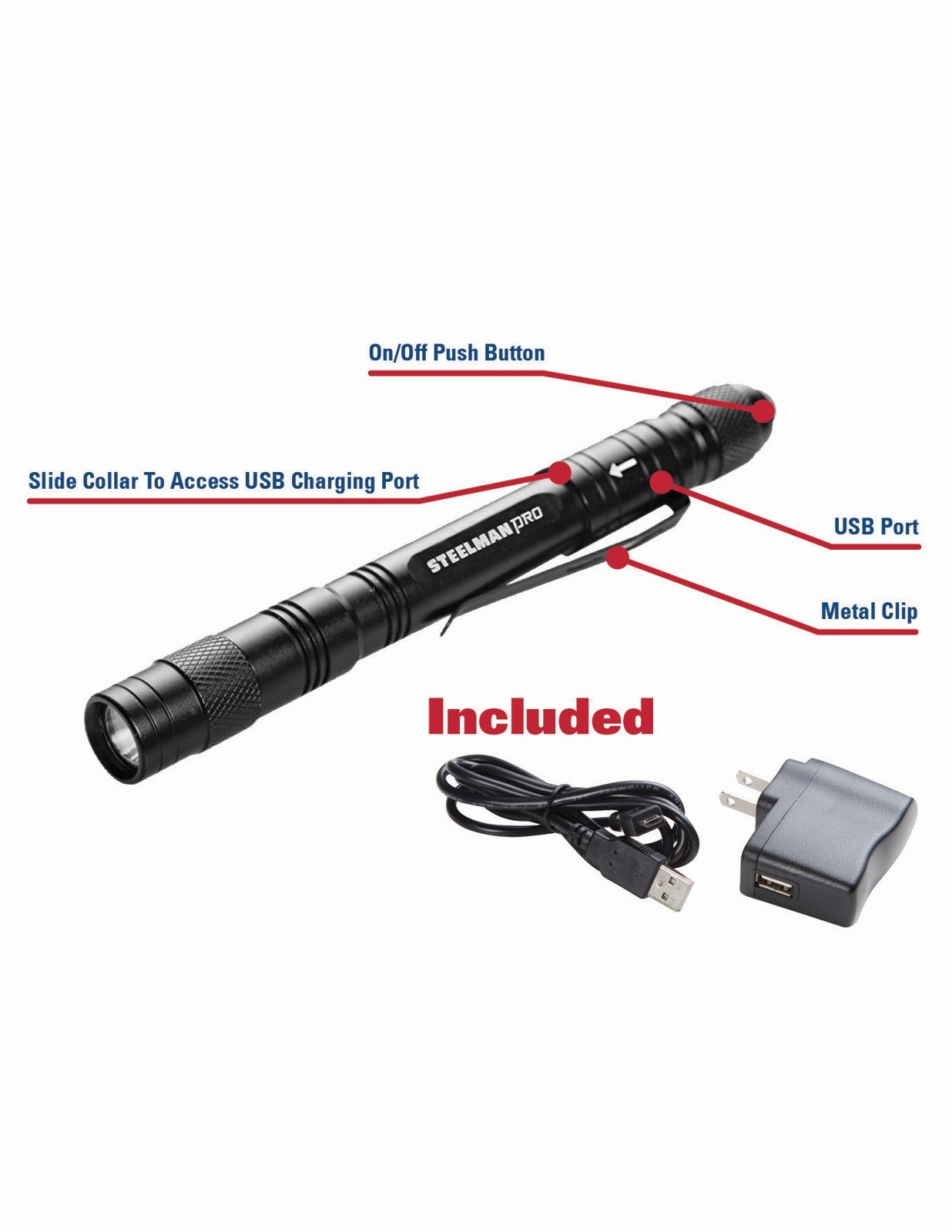 Steelman PRO USB Rechargeable Penlight Flashlight, 70 Lumens, Black #78609