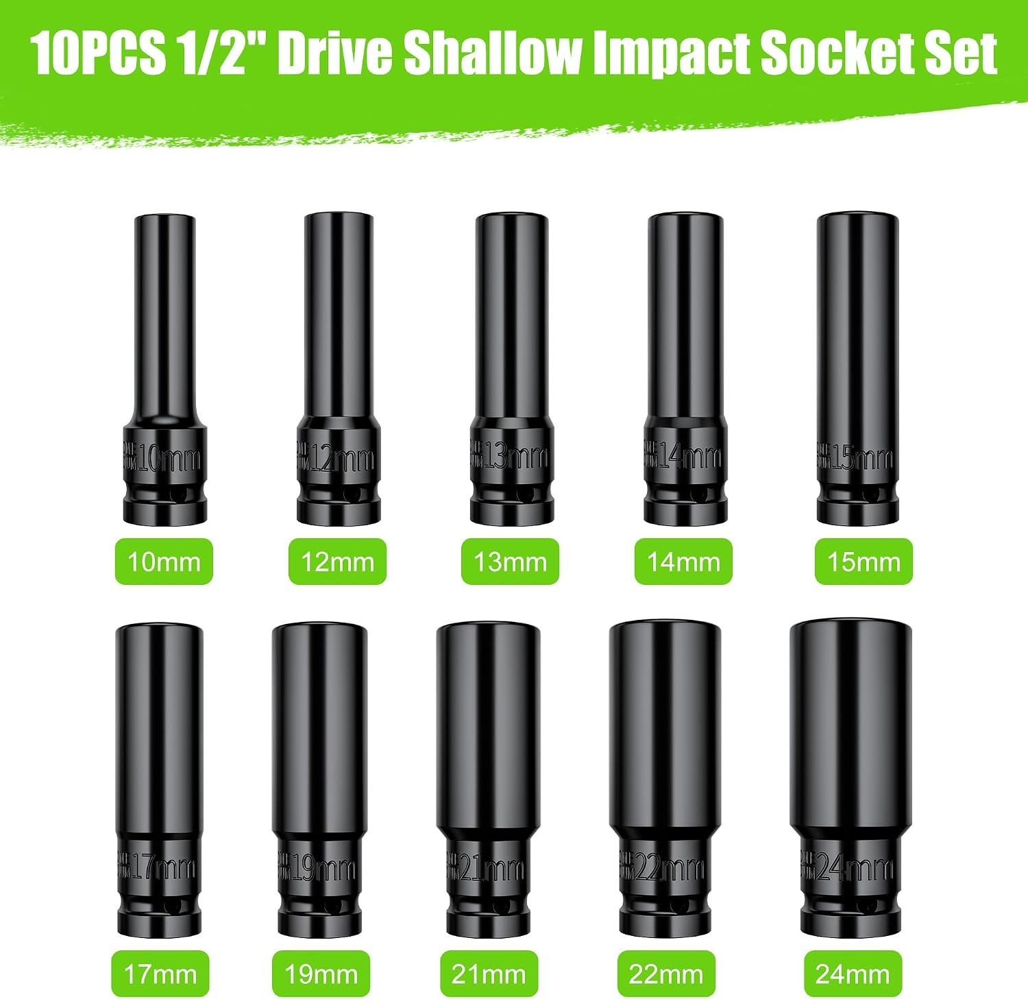 Deep Well Impact Socket Set 1/2″ Drive Metric 10mm-24mm 6 Point Sockets 10-PC