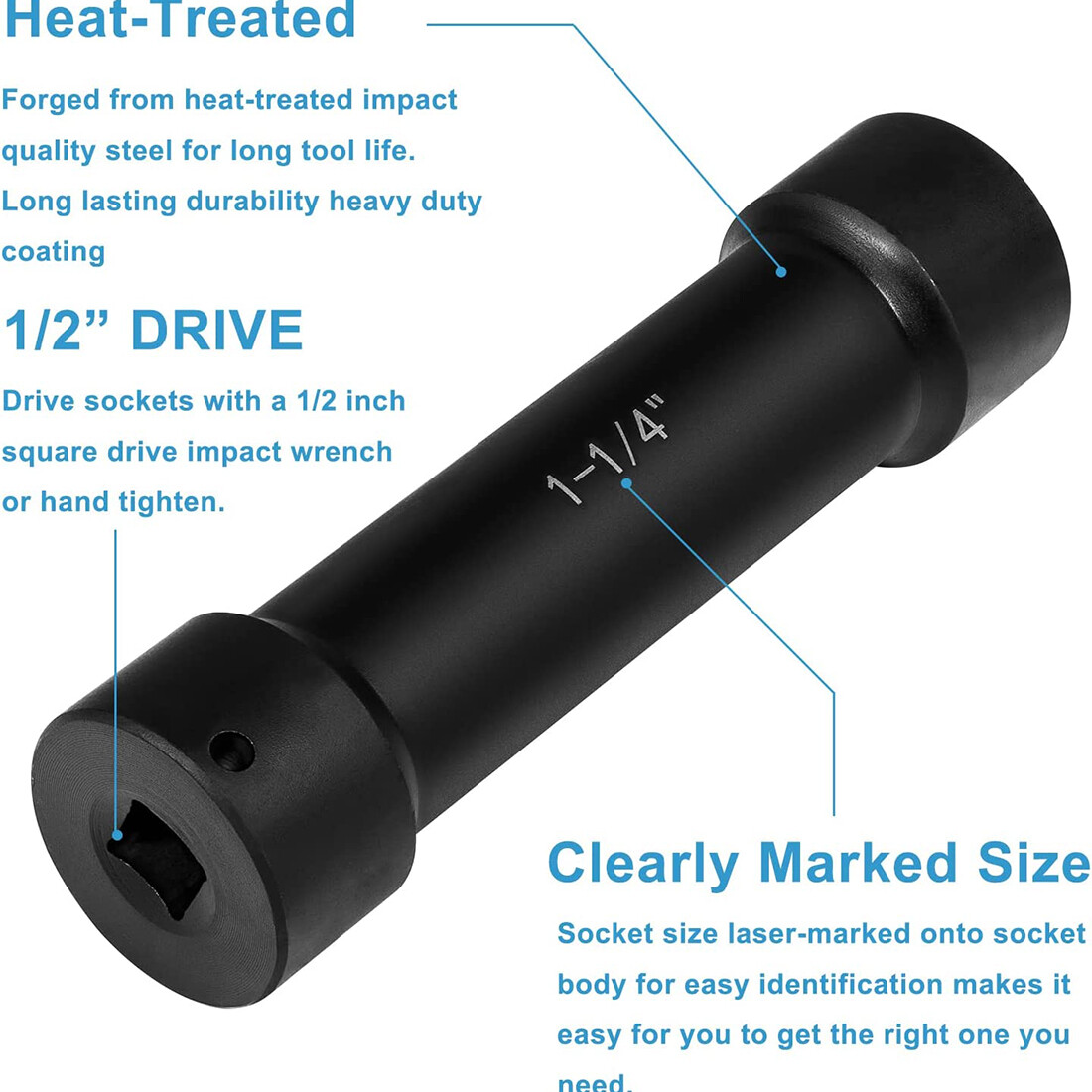 1/2» Drive Heavy Duty Extended Length Extra-Deep Length Impact Socket Set 6PCS