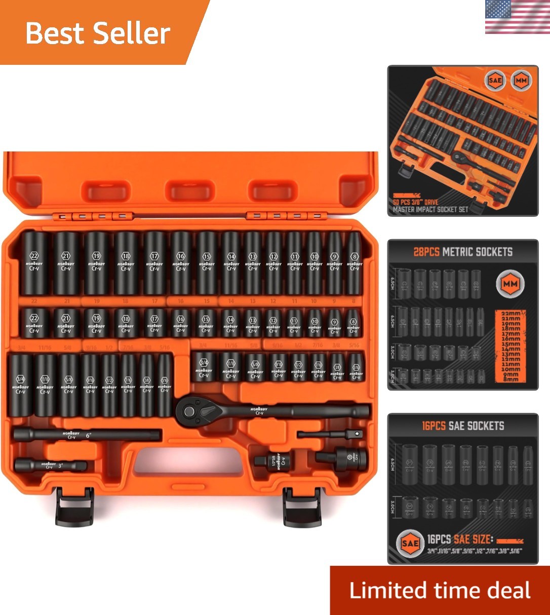 Durable 50-Piece Chrome Vanadium 3/8” Drive Impact Socket Set for Mechanics