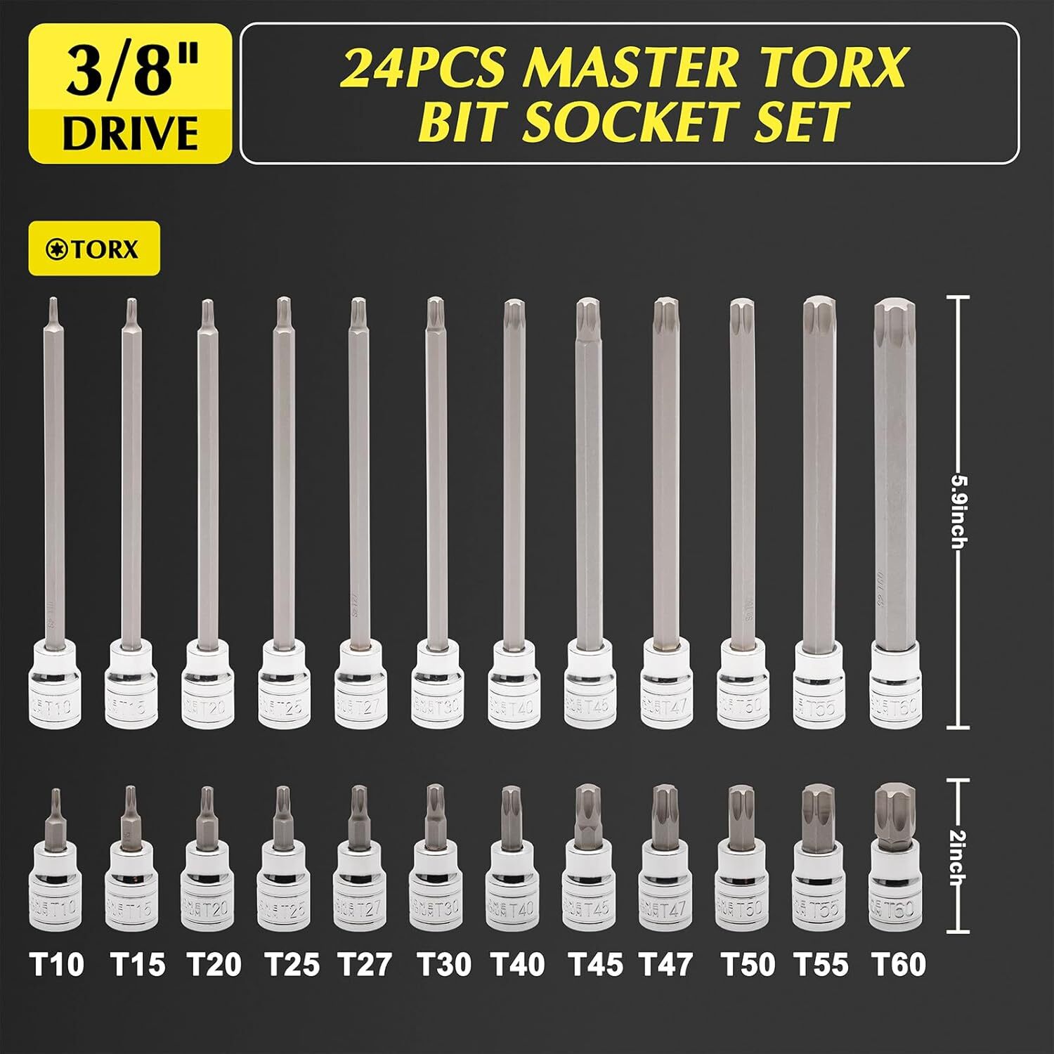24PCS 3/8″ Drive Torx Bit Socket Set Extra Long Star Bit Sockets Cr-V T10-T50