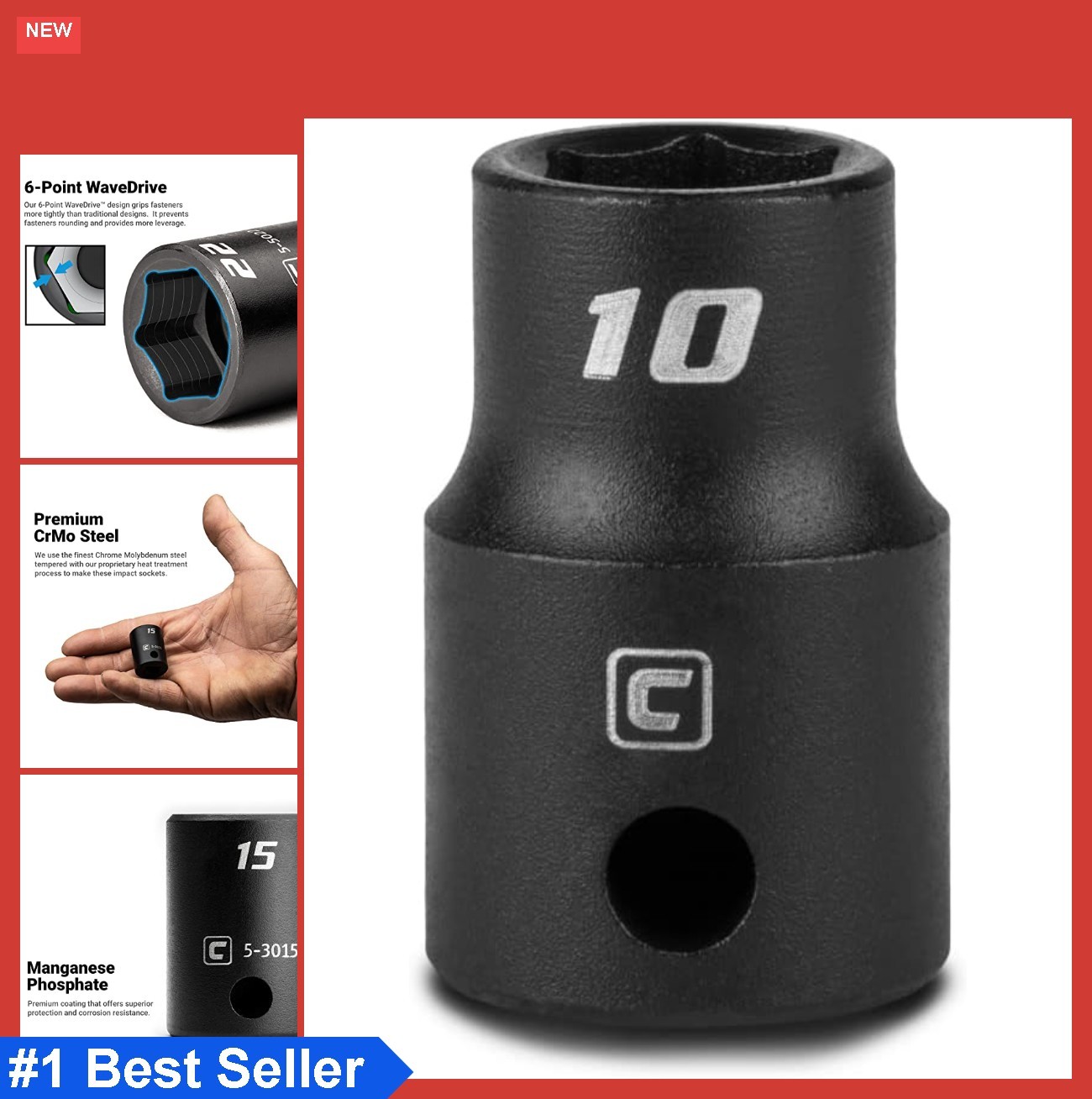 Impact Socket 10mm 3/8 Inch Drive 6 Point Shallow Metric Chrome Molybdenum Steel