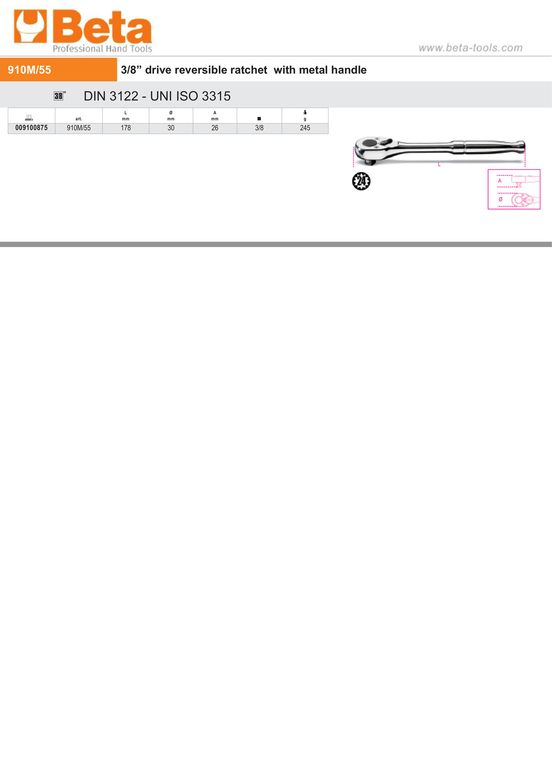 Beta 3/8″ Drive Reversible Ratchet with Metal Handle 178mm – Beta Tools 910M/55