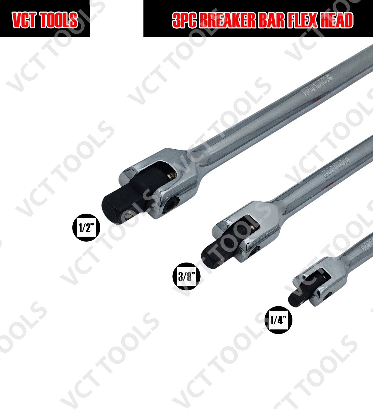 3pc Breaker Bar Set, 1/4», 3/8» & 1/2» Drive, Heavy Duty 6″, 10″, 15″ lengths