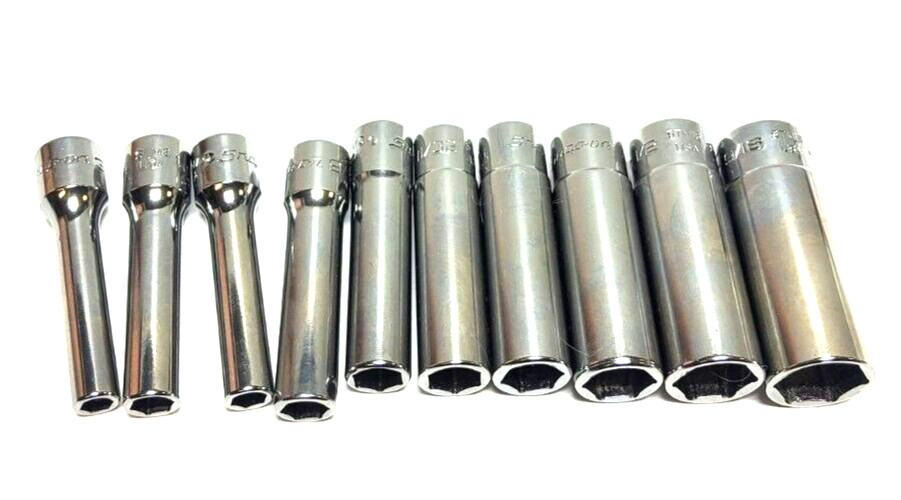 New Snap-on 1/4″ drive 3/16″ to 9/16 10-pc 6-point Deep SAE Socket Set 110STMY