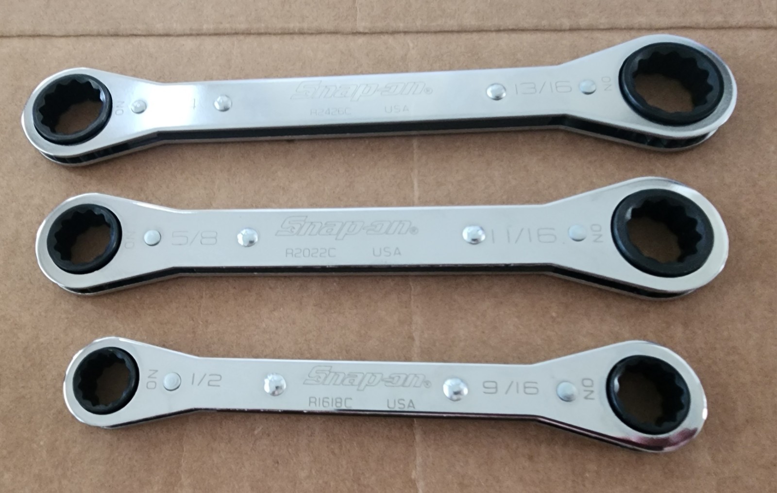 Snap-On 3pc SAE 12 Pt 0 Degree Offset Ratcheting Box Wrenchs R2426C 1/2″-13/16″