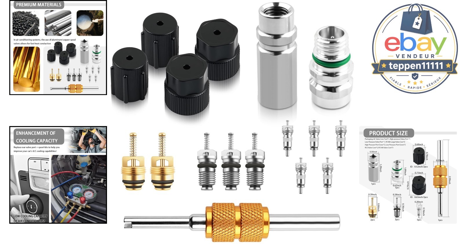 17PCS A/C Valve Stem Core Set Tool Cores Port Cap Cooling Capacity