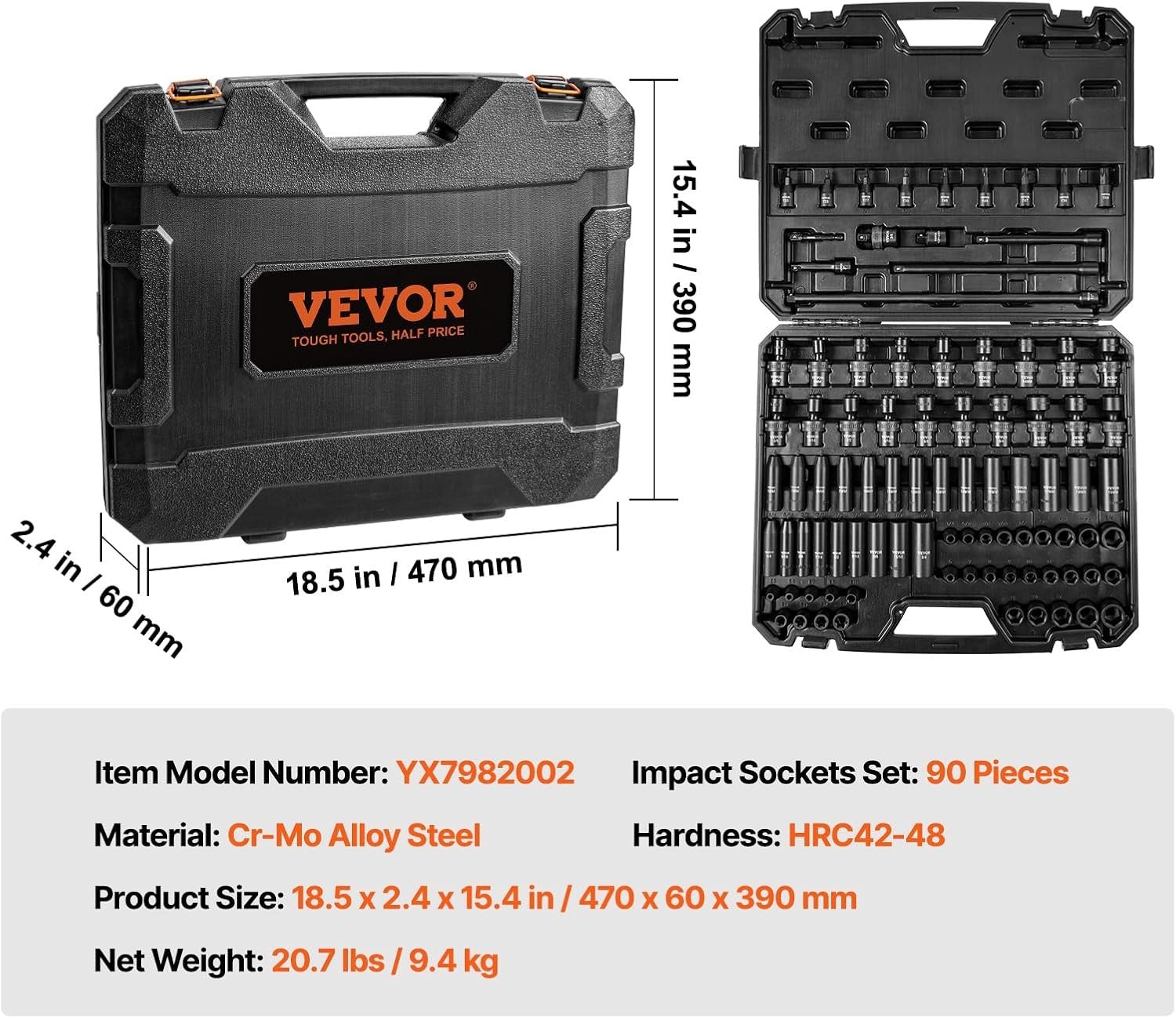 90-Piece Impact Socket Set with 3/8″ Drive, SAE & Metric Sizes Included
